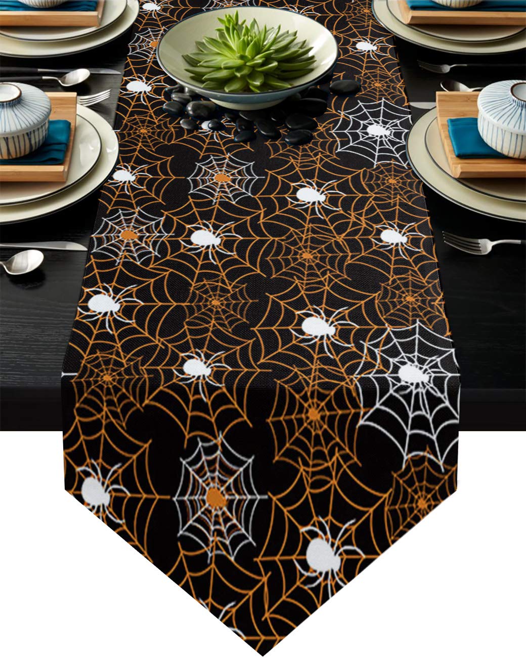 120-Inch Halloween Orange Spider Web Table Runner - Non-Slip Washable Farmhouse Dining Decor for Holiday, Party & Wedding | Perfect for Halloween Decorations, Thanksgiving Table Setting & Christmas Dinner Centerpiece