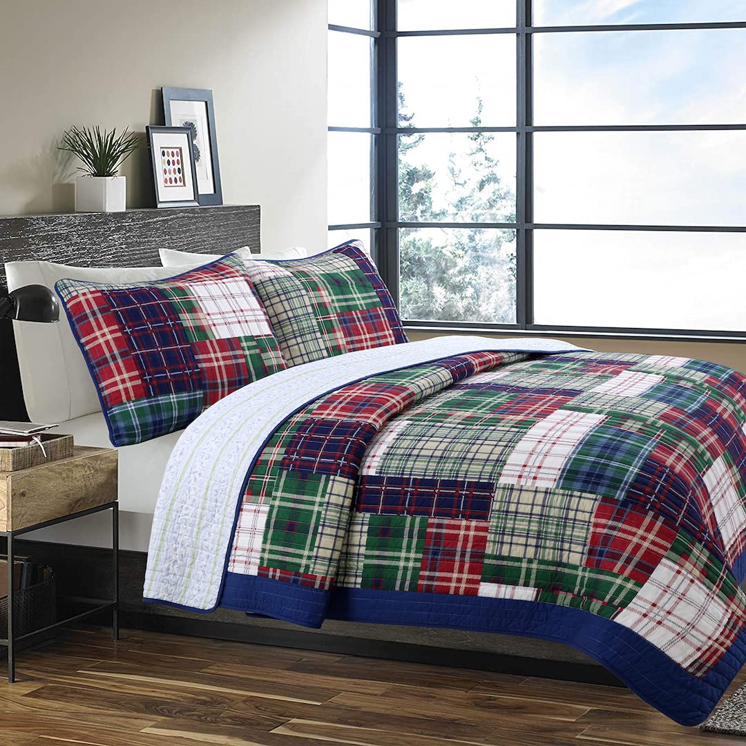 Tartan Plaid Reversible 3-Piece Quilt Set - 100% Cotton Full/Queen Size Bedding - Cozy Bedroom Decor for Fall & Winter