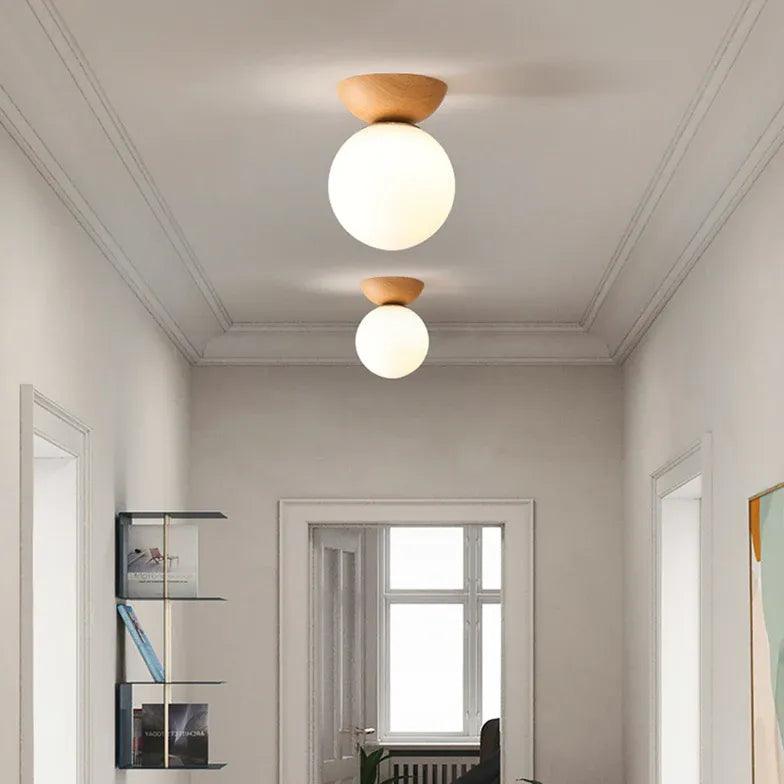 White Glass Globe Corridor Ceiling Light Fixture - Modern Round Pendant Lighting for Hallway, Entryway, Staircase & Foyer