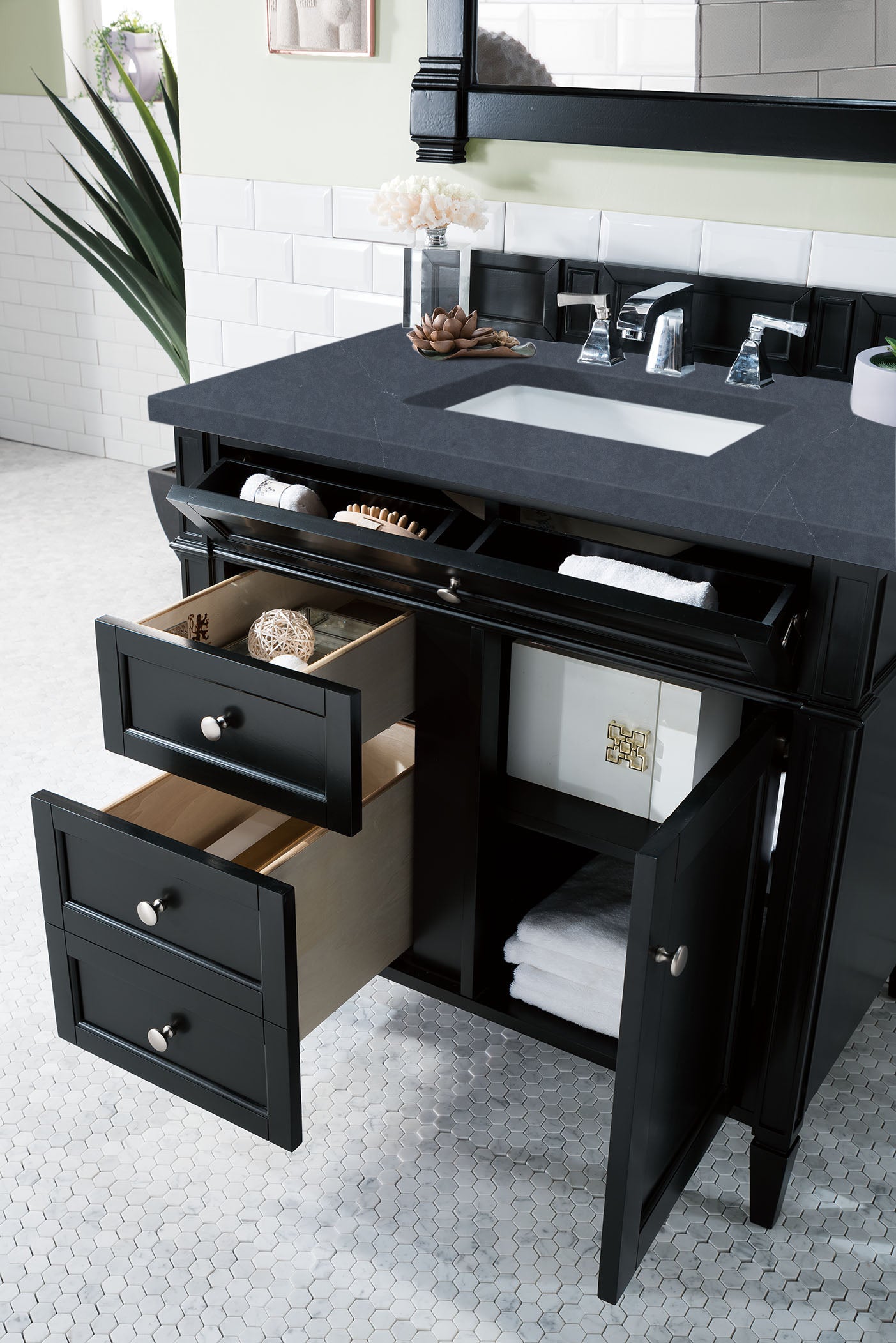 Brittany 36-Inch Black Onyx Bathroom Vanity with 3CM Charcoal Soapstone Quartz Countertop - Modern Single Sink Vanity for Master Bathroom & Powder Room Remodel