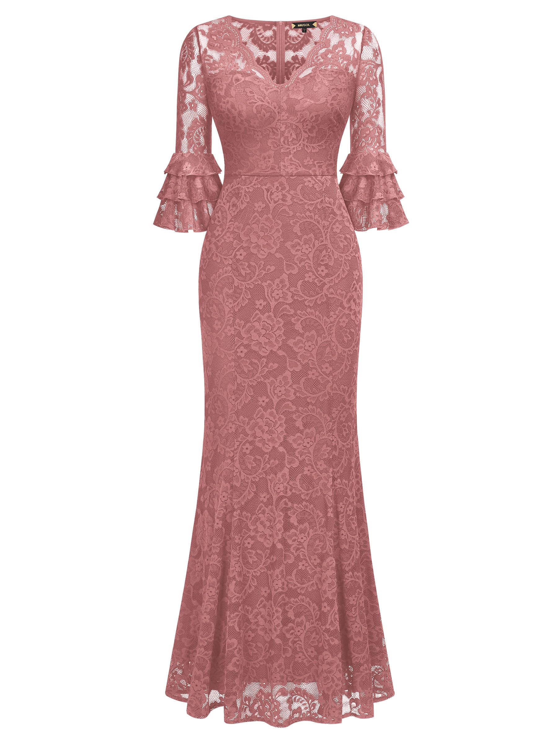 Elegant Miusol Women's V-Neck Full Lace Bell Sleeve Formal Maxi Dress for Wedding, Prom, Cocktail Party & Special Occasions