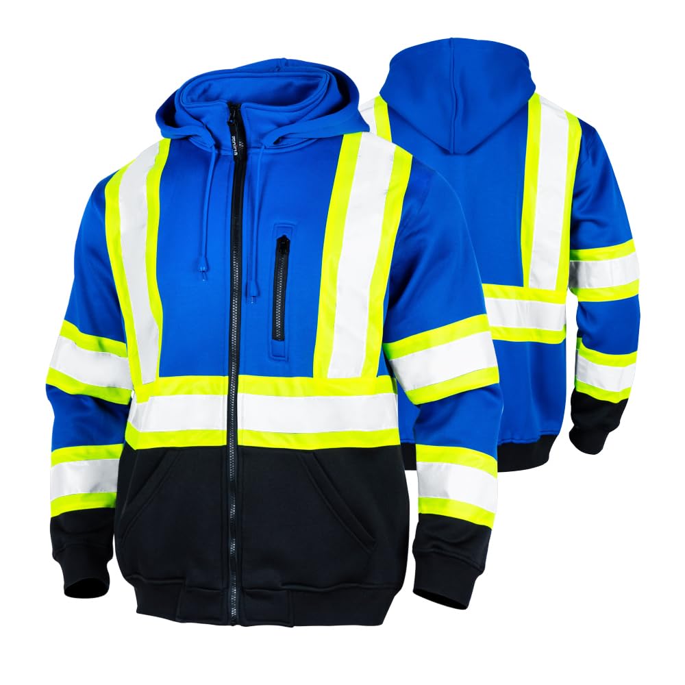 FONIRRA Men's ANSI Class 3 High Visibility Safety Fleece Zip Hoodie with Reflective Stripes & Black Bottom - Ideal for Construction, Road Work & Outdoor Winter Jobs
