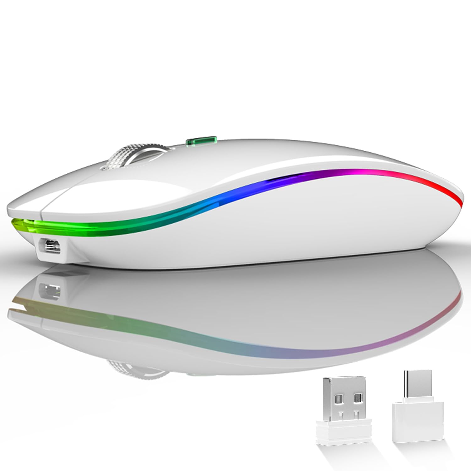 Uiosmuph G12 Slim Wireless LED Mouse - Rechargeable Silent Optical Mouse with 2.4G USB Receiver & Type-C Adapter - Perfect for Office, Home & Travel (White)
