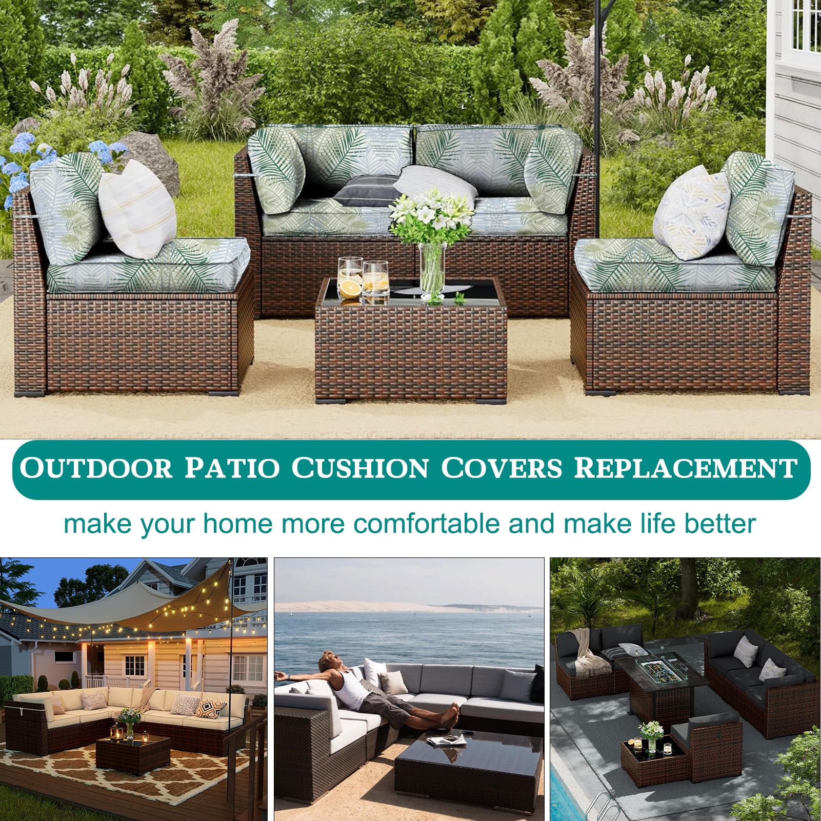 Waterproof Outdoor Patio Cushion Covers with Zipper - Replacement Slipcovers for Wicker Rattan Sectional Sofa & Chair (14
