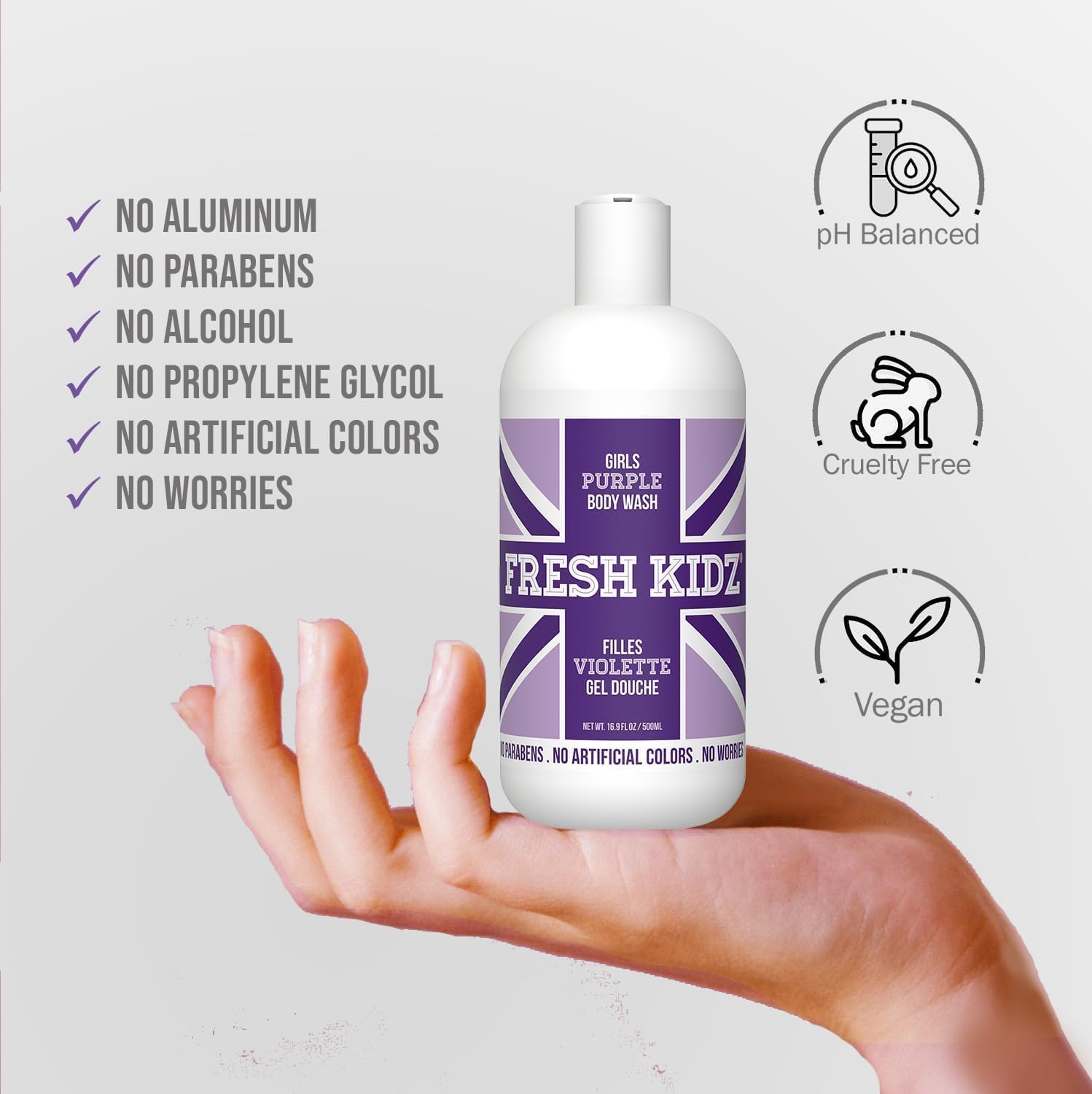 Fresh Kidz Body Wash 16.9 fl.oz. & 2 Roll-On Deodorants 1.86 fl.oz. for Kids & Teens - Girls Purple Set | Gentle Cleansing & Odor Protection | Perfect for School, Sports & Daily Hygiene