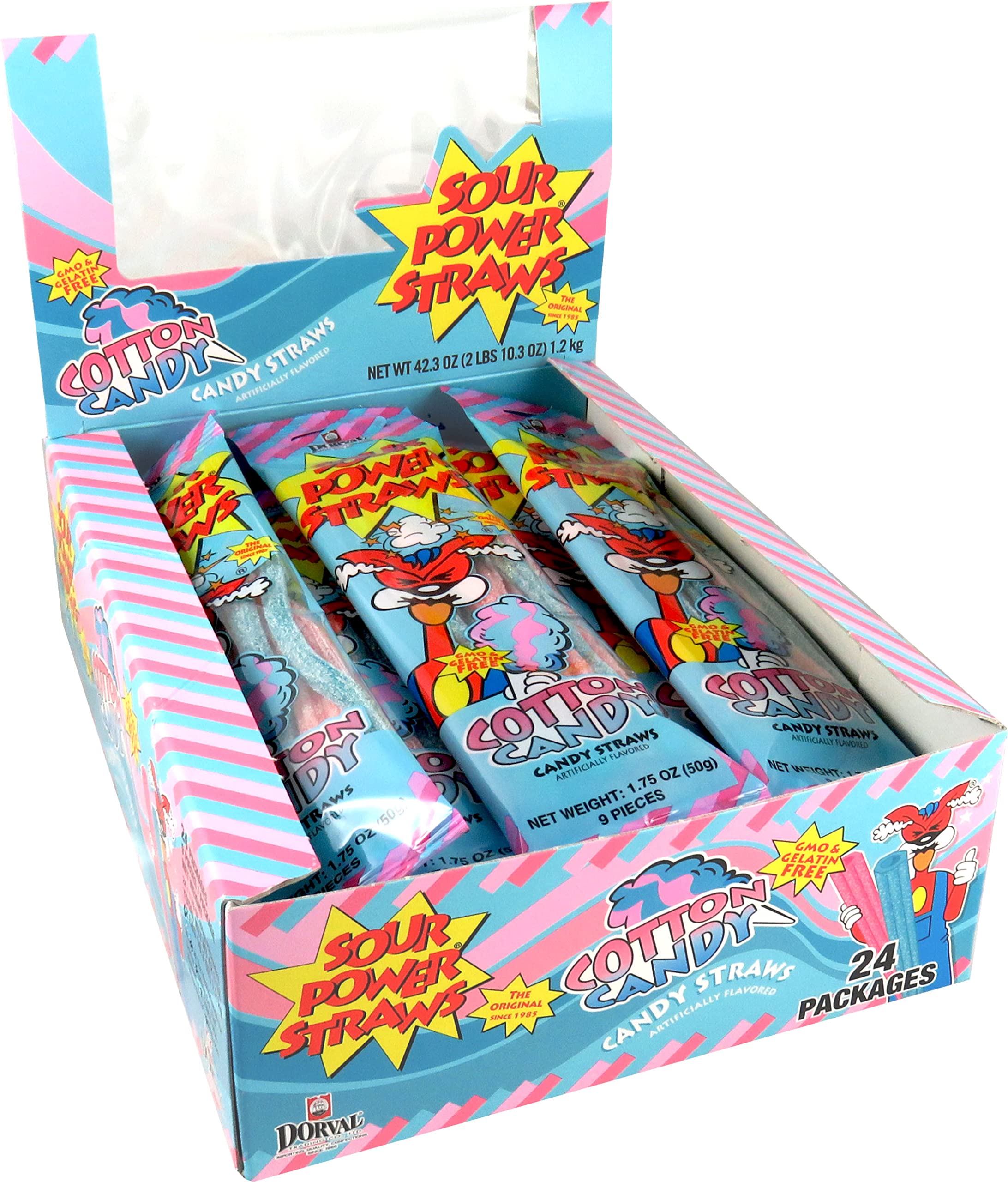 Sour Power Candy Straws - 24 Pack of 1.75oz Cotton Candy Flavor Fun Straws | Party Favors, Birthday Treats & Classroom Rewards