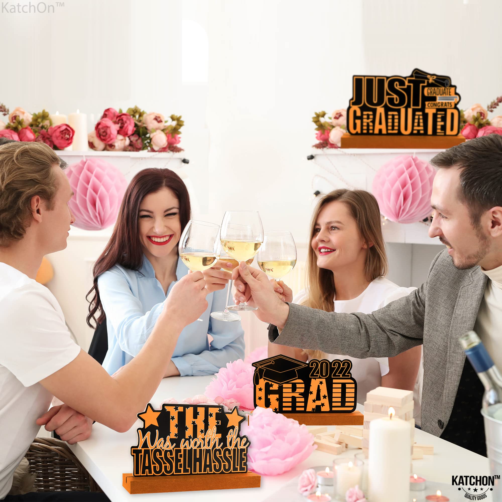 3-Piece Graduation Table Centerpieces Set 2022 - Wooden Graduation Decorations for Party, Black & Orange Graduation Theme Table Decor | Perfect for High School & College Graduation Ceremonies, Graduation Parties & Banquet Decorations
