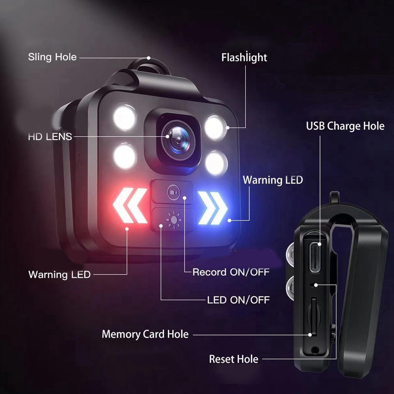 Jopwkuin Pocket Video Camera - 4K Sports Action Camera with Warning Light & Flashlight, IP65 Waterproof for Hiking, Cycling, Camping & Outdoor Adventures