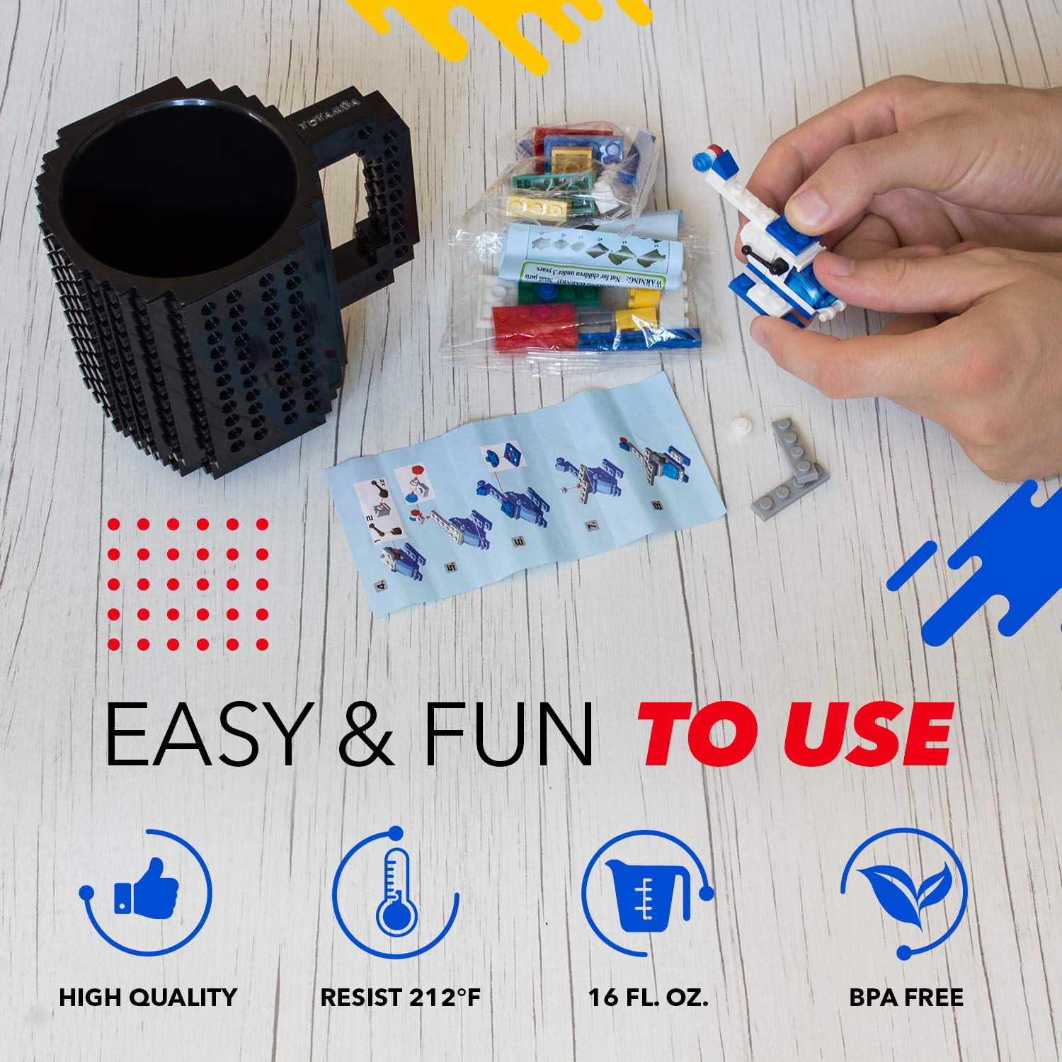 BPA-Free Building Block Cups for Kids - 16OZ Creative DIY Stackable Brick Mug (Black) - Perfect for Playtime, STEM Learning & Fun Party Favors