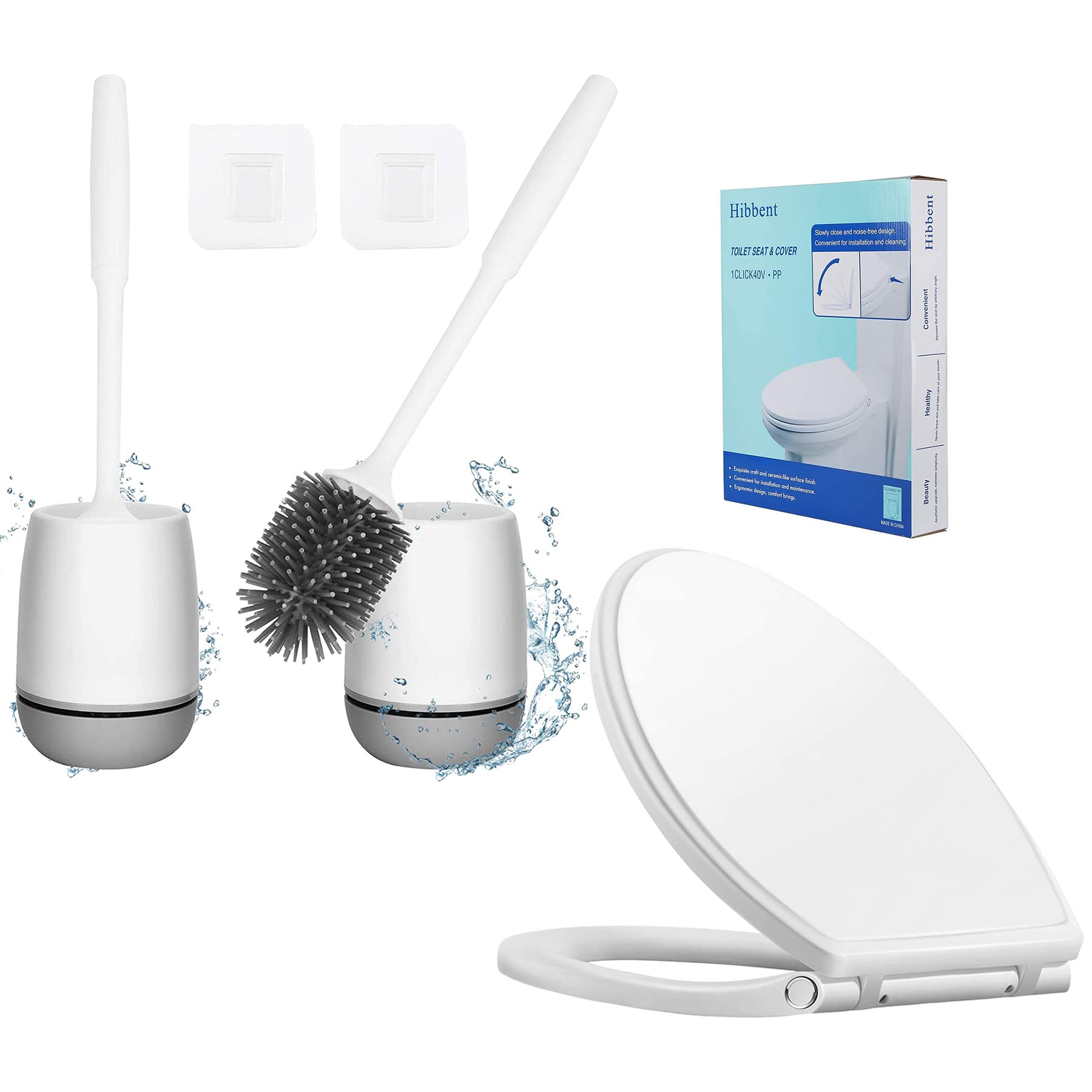 Premium One-Click Elongated Toilet Seat with Soft-Close Cover (Oval) & 2-Pack Toilet Brush Set with Ventilated Drying Holder – Durable Bathroom Upgrade for Home, Hotel, and Office Use