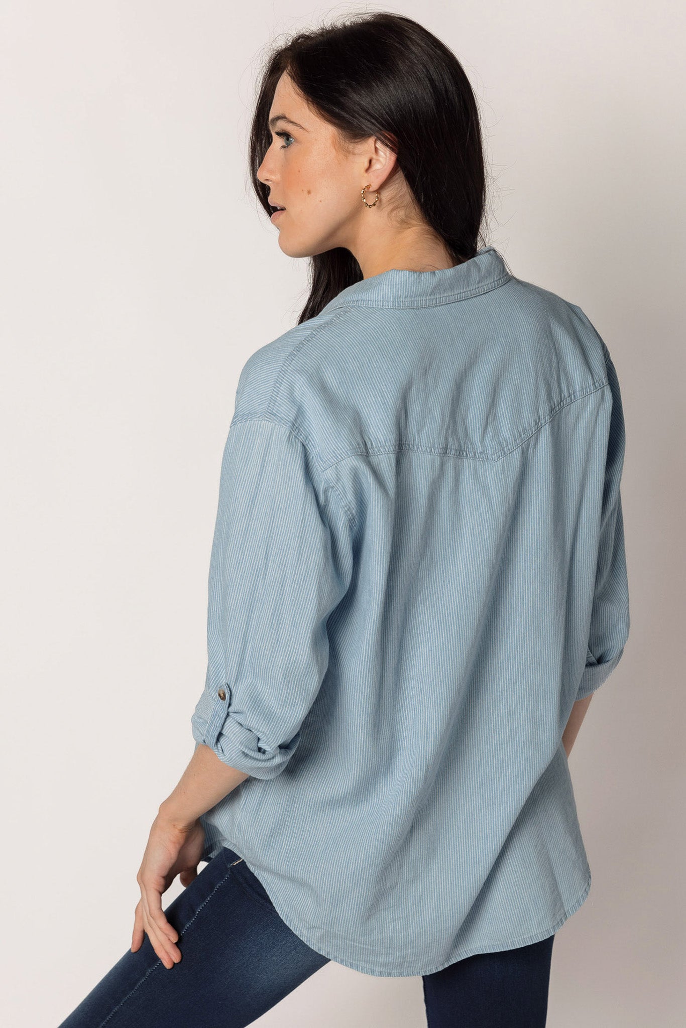 Stylish Pinstripe Denim Shirt with Roll-Up Sleeves for Men | Casual & Office Wear | Perfect for Date Nights and Business Casual Outfits