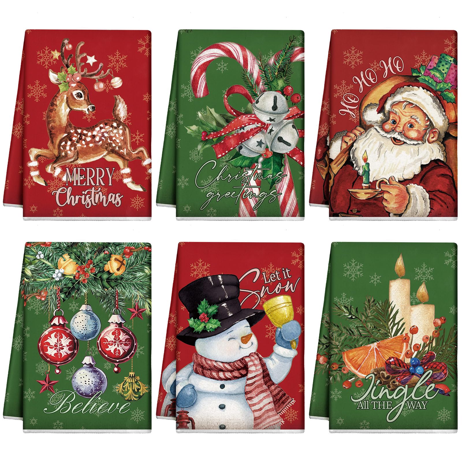 Vintage Christmas Kitchen Towels Set of 6 - Red and Green Holiday Dish Towels with Santa, Elk, Snowman & Candy Patterns - Festive Xmas Tea Towels for Decor, Gifts & Kitchen Use - Perfect for Holiday Hosting, Baking & Housewarming Parties