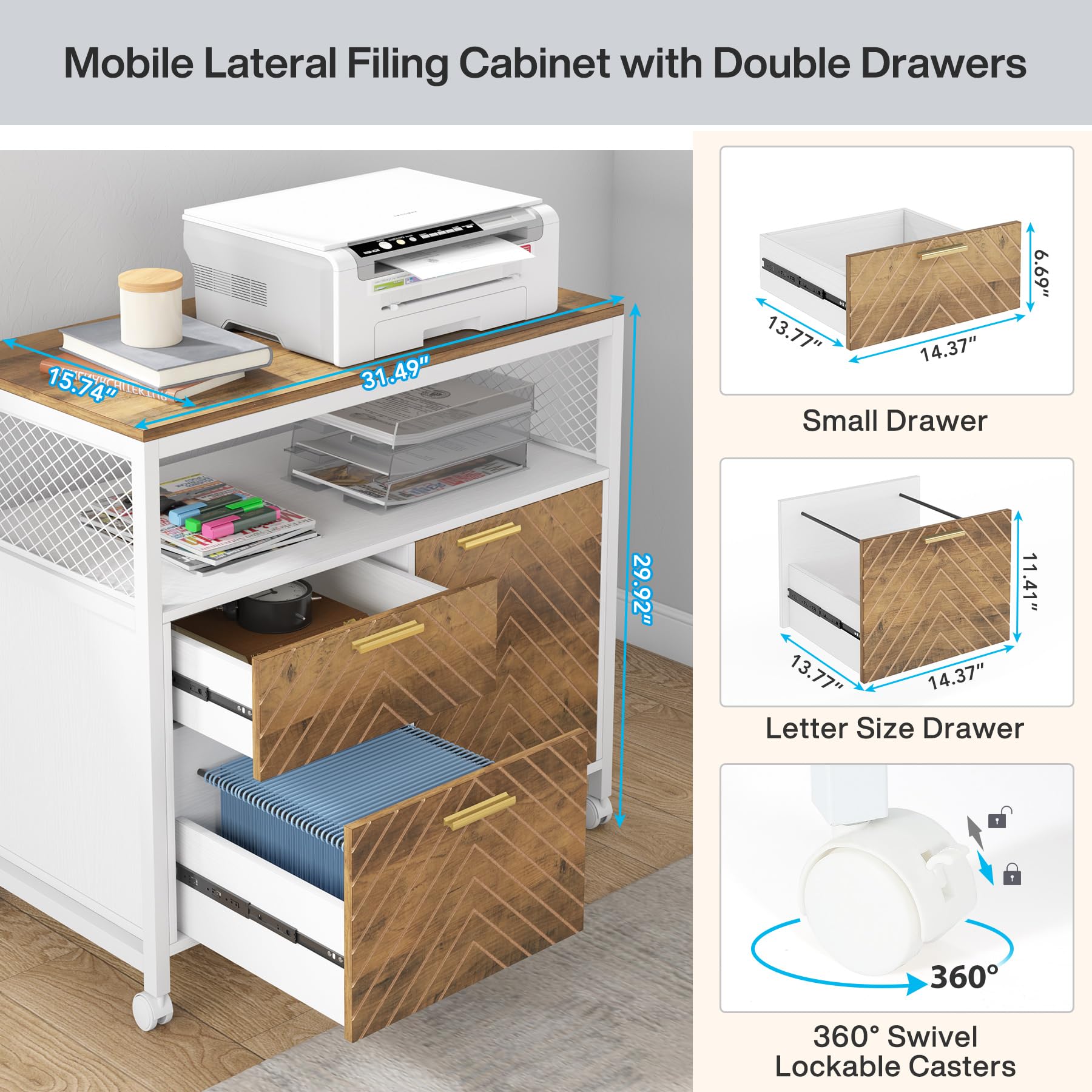 Tribesigns Modern Lateral File Cabinet with 2 Drawers & Door - Letter Size Home Office Storage with Rolling Casters & Printer Stand - Perfect for Organizing Documents, Supplies & Office Equipment