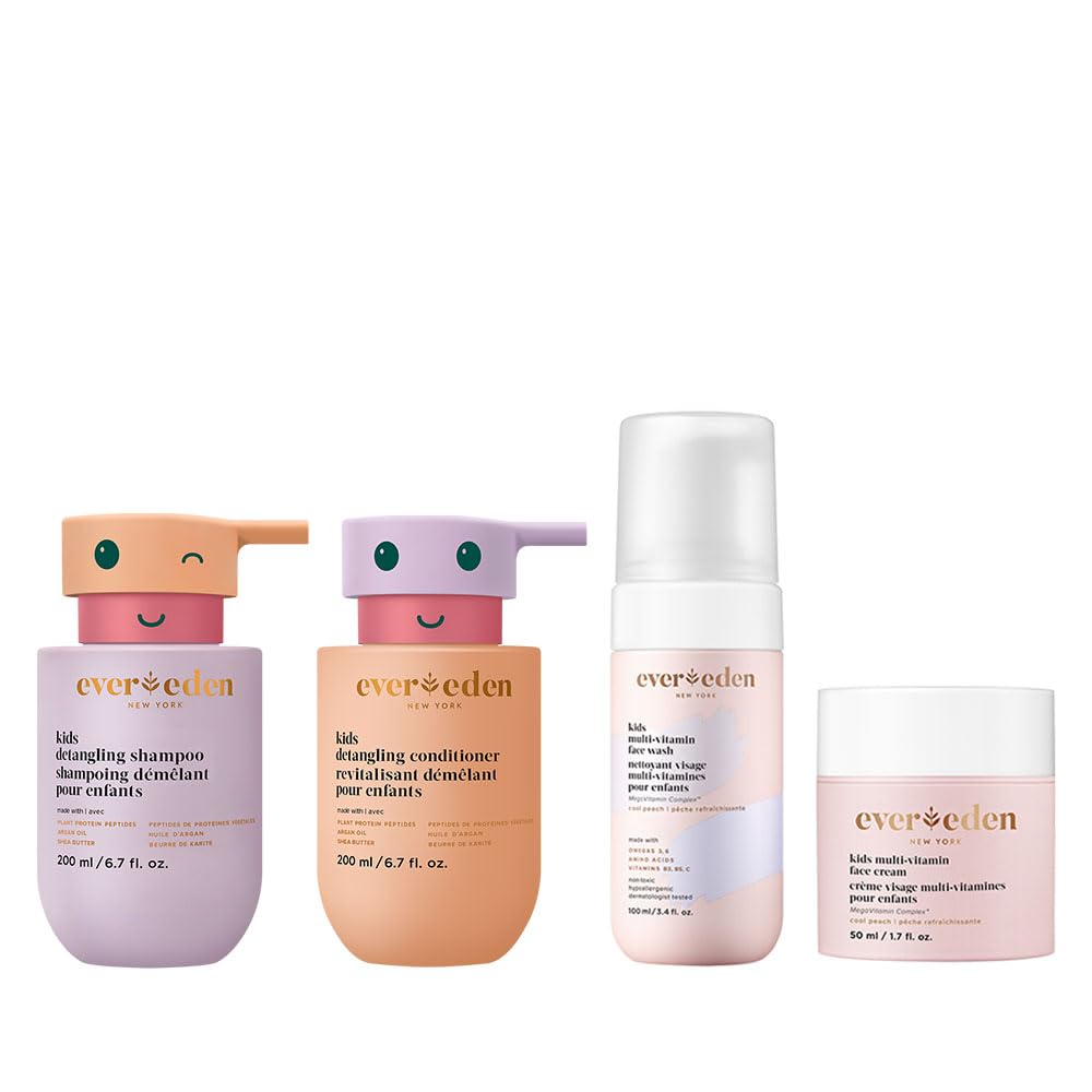 Evereden Kids Hair & Skin Care Bundle - Detangling Shampoo, Conditioner, Multi-Vitamin Face Wash & Moisturizing Cream for Children Ages 3+ | Gentle Daily Routine for Soft Hair & Healthy Skin