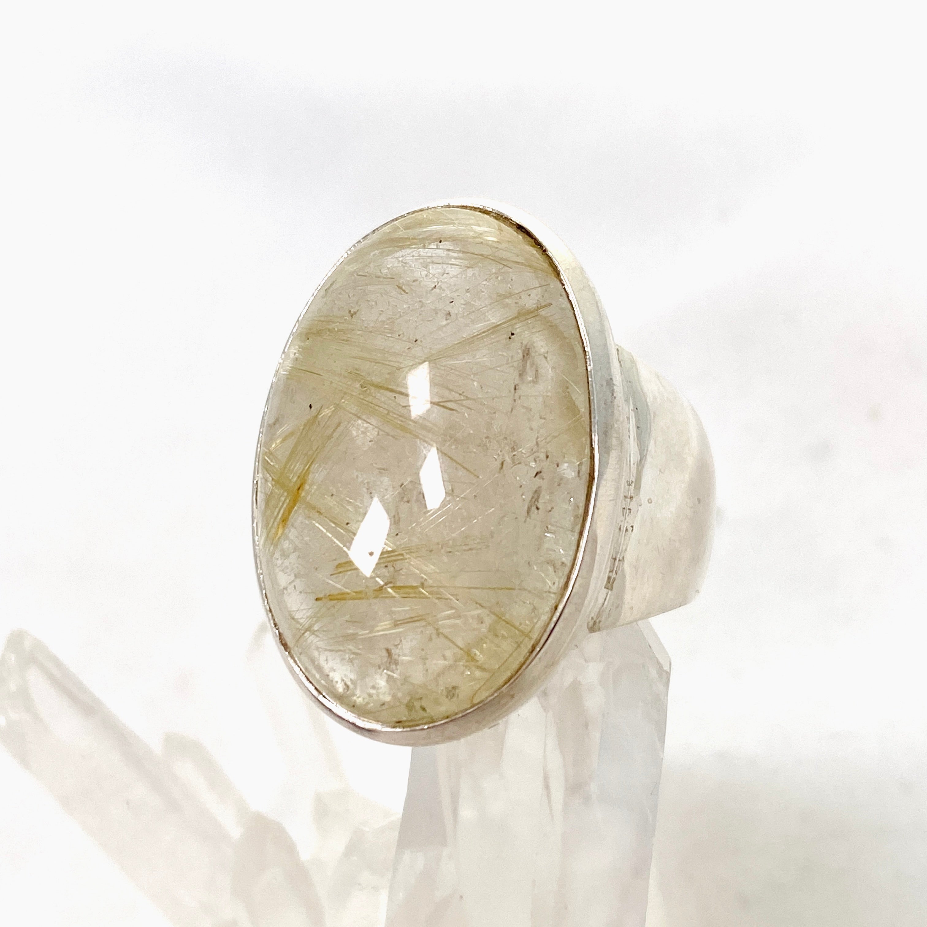 Rutilated Quartz Oval Cabochon Ring - Size 10 - 925 Sterling Silver - Handmade Boho Jewelry - Perfect for Meditation, Energy Healing & Spiritual Gifts