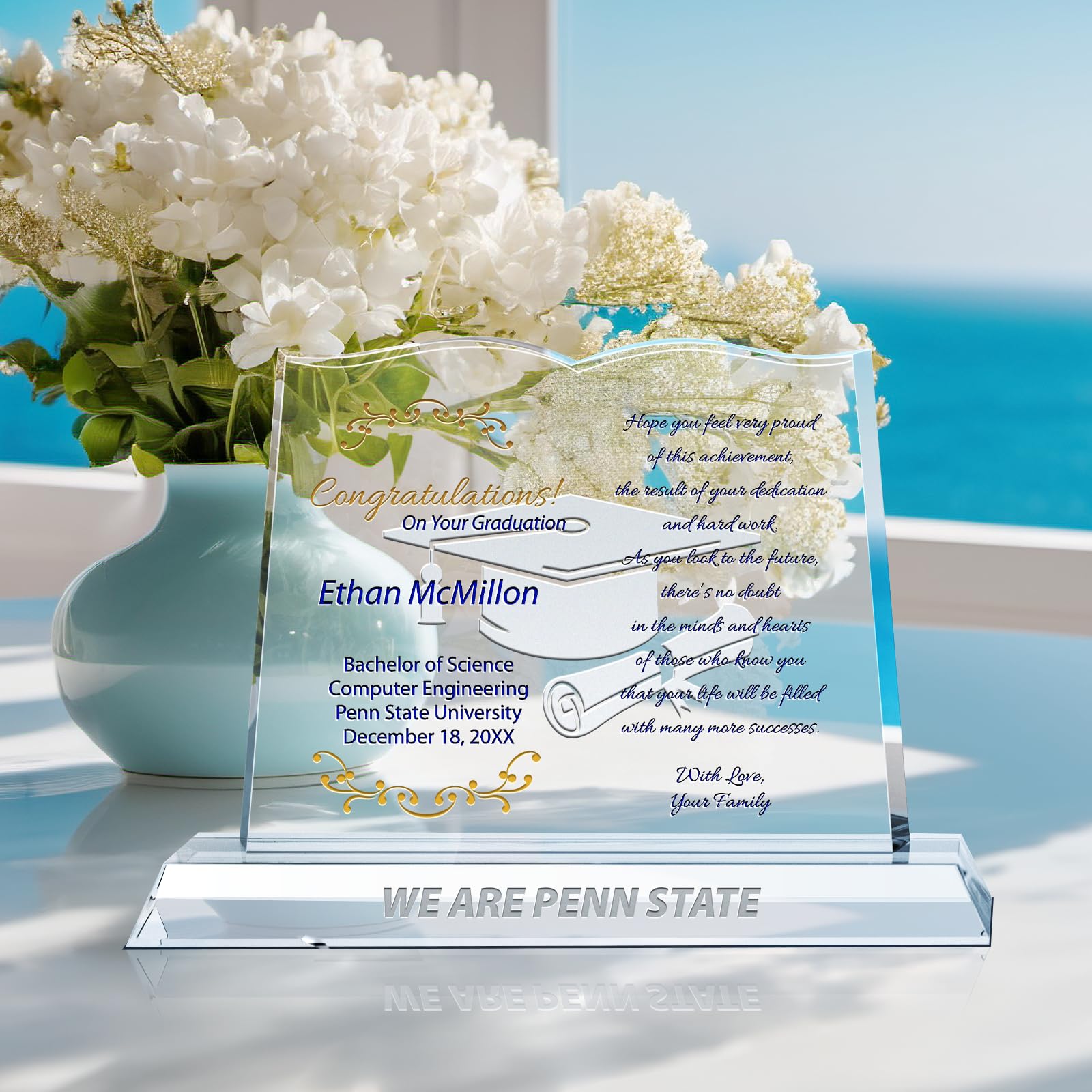 Personalized Crystal Book Graduation Gift for Men - Custom Engraved with Cap, Diploma, Name, Degree & School - Unique Graduation Present for Son, Grandson, Boyfriend (10 Inch) - Perfect for College Graduation Ceremonies, Office Decor & Keepsake Display