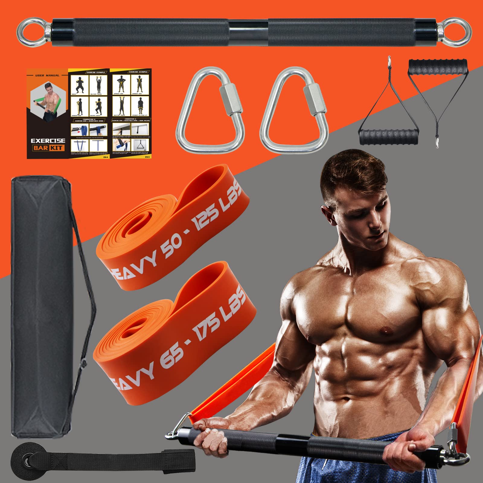 DASKING 500LBS Home Gym Resistance Band Bar Set with 2 Resistance Bands, Exercise Bar Kit - Full Body Workout Equipment for Strength Training, Yoga & Home Fitness - Includes Workout Guide & Carrying Bag