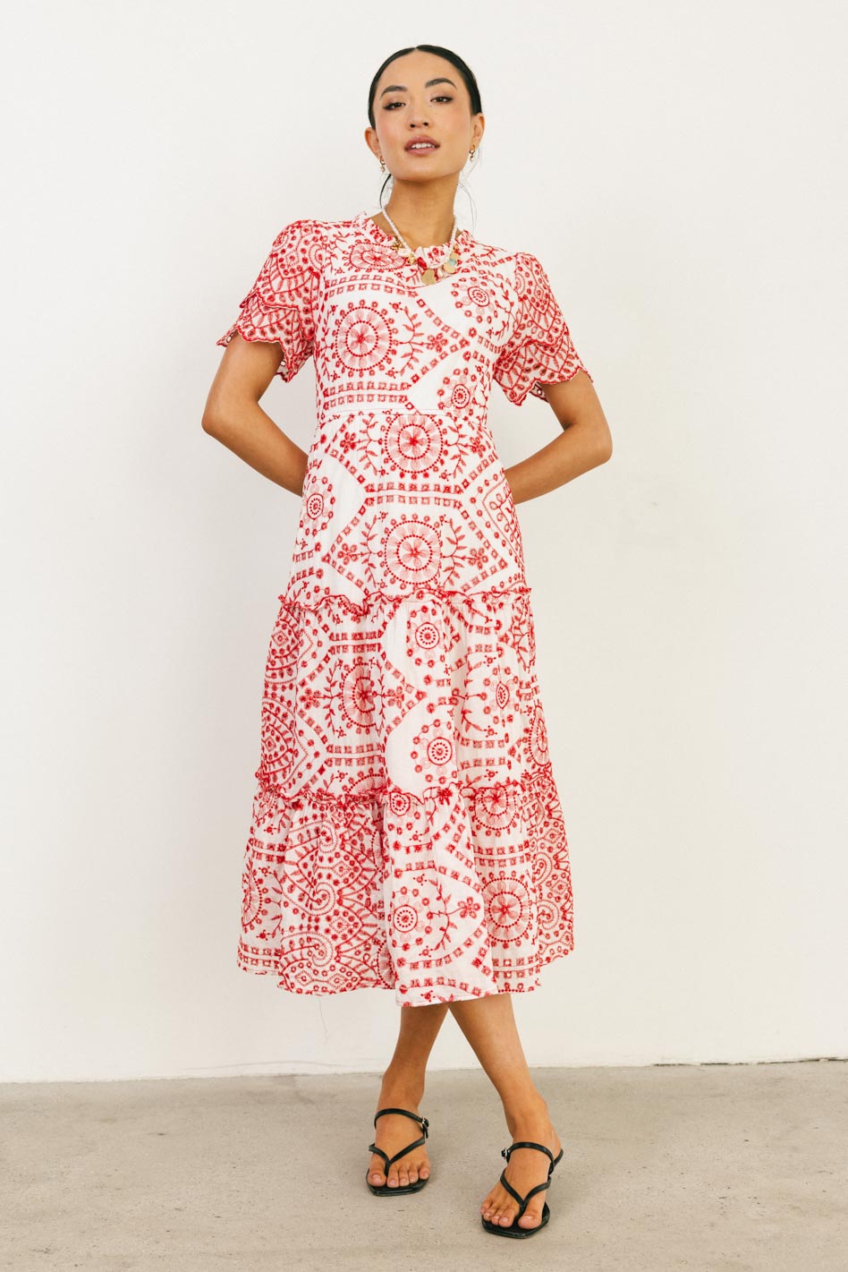 Alena Eyelet Lace Dress in Red - Elegant Summer Floral Dress for Women | Perfect for Weddings, Parties & Special Occasions