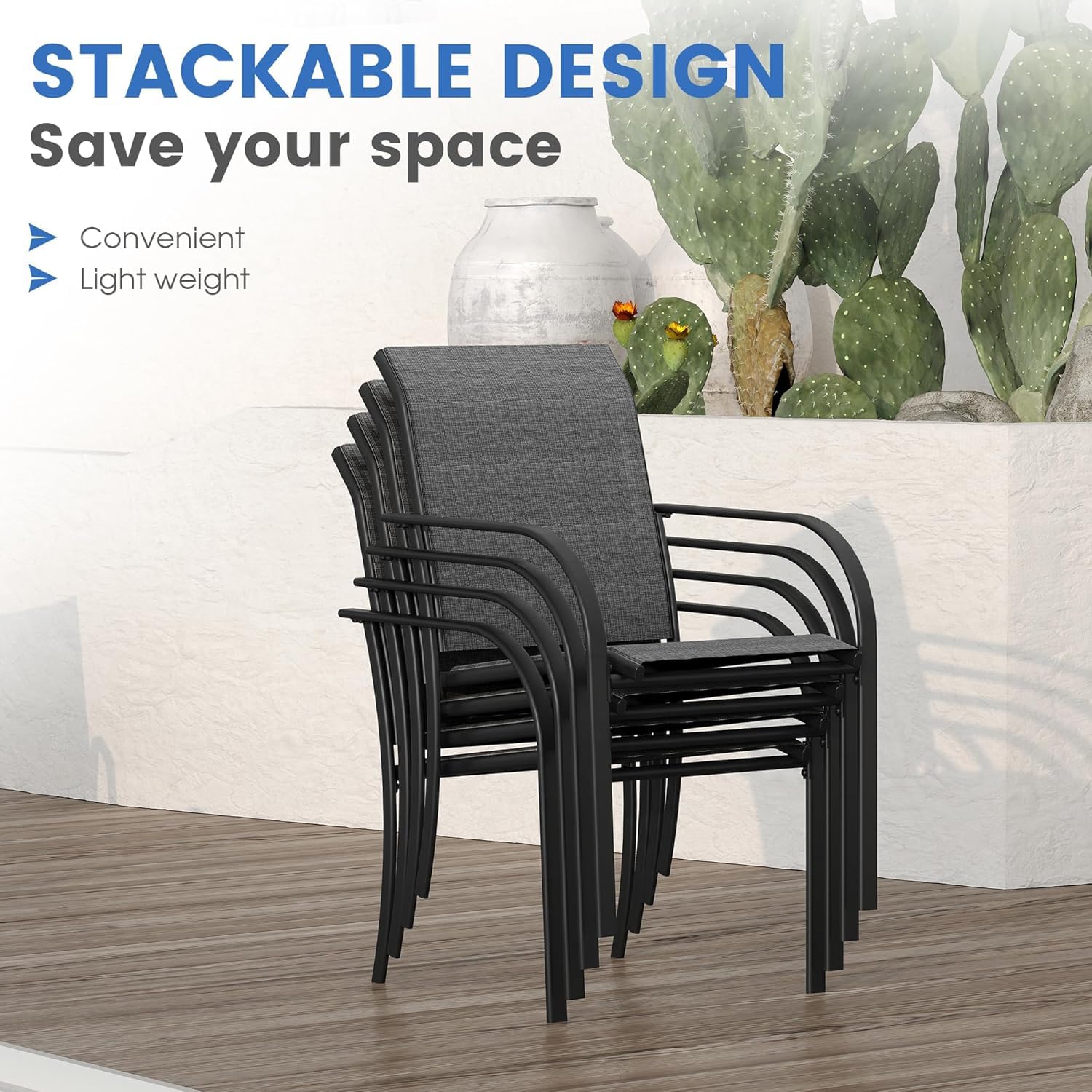 VICLLAX Outdoor Chairs Set of 2 - Stackable Metal Patio Sling Chairs for Lawn, Garden, Poolside & Backyard - Comfortable Grey Lounge Chairs for Relaxing, Sunbathing & Outdoor Gatherings