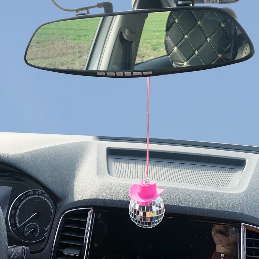 Pink Cowboy Hat Disco Ball Car Mirror Pendant - Wild West Bling Accessory for Party & Road Trips