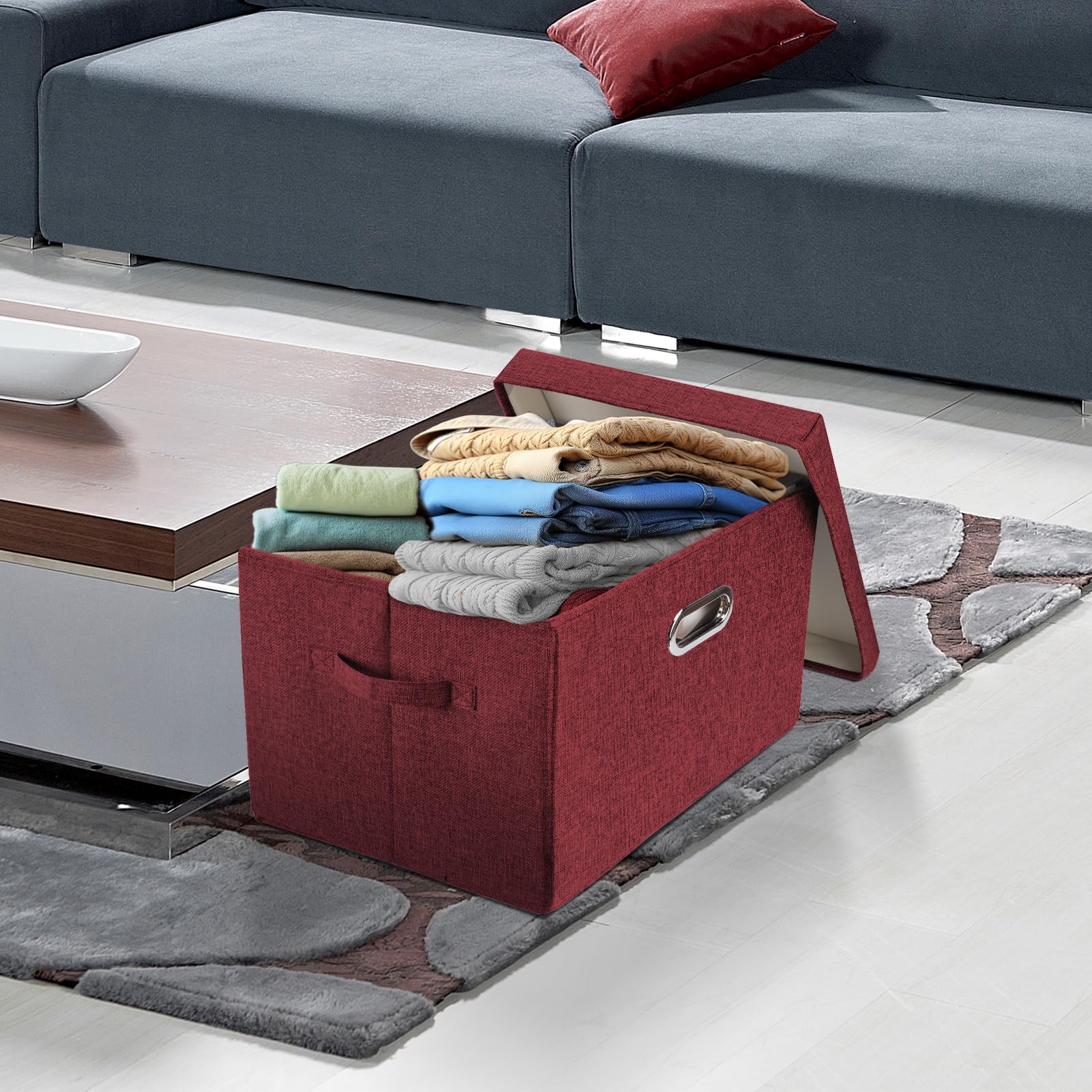 TYEERS Large Collapsible Storage Bins with Lids (3-Pack) - Foldable Organization Bins for Closet, Clothes & Home Office Storage - Space-Saving Wine Red Storage Boxes - Perfect for Bedroom, Garage & Seasonal Organization
