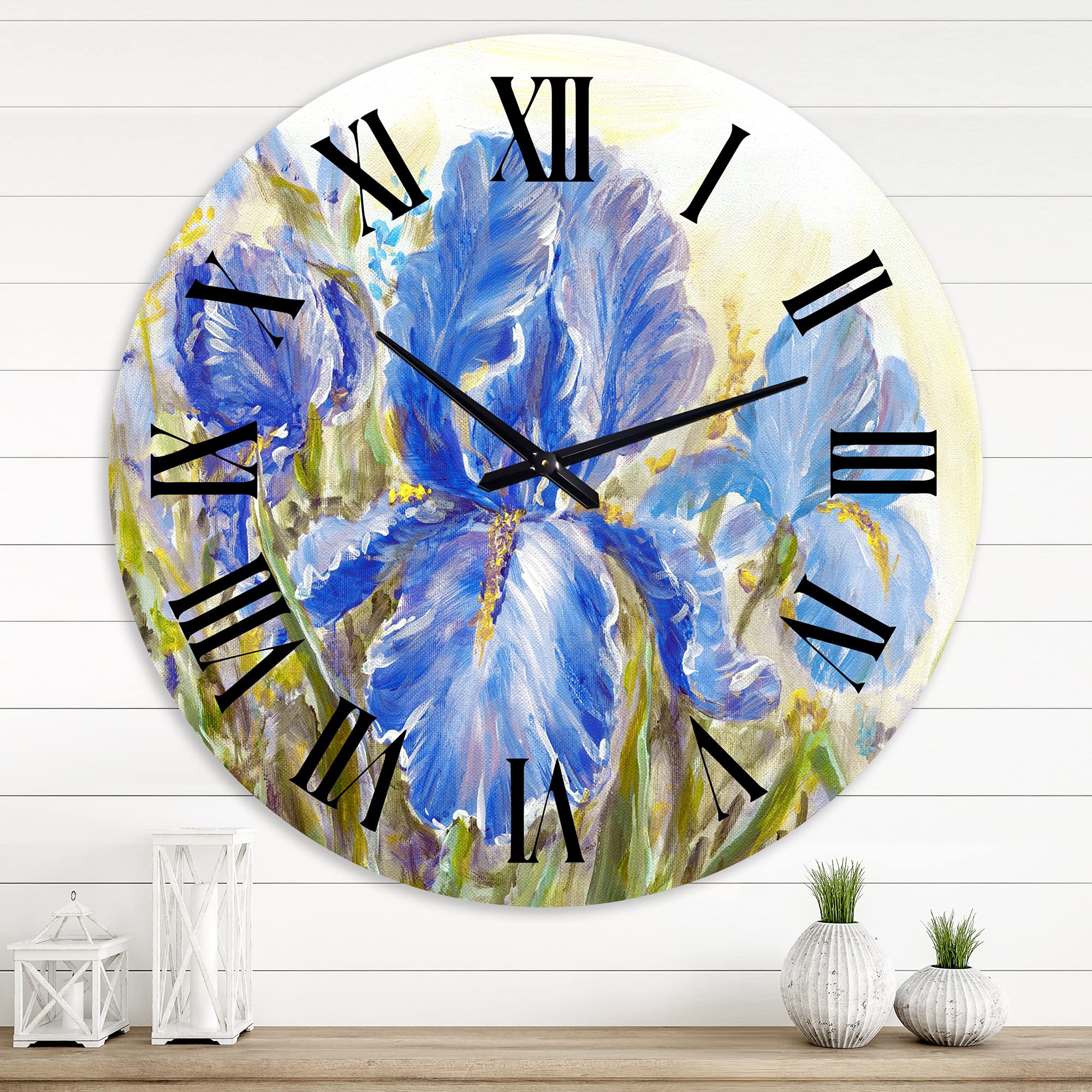 DesignQ Traditional Wall Clock 'Irises Blossoming Flowers' - Large Floral & Botanical Wall Clock for Home Decor - Perfect for Living Room, Bedroom, Office & Kitchen