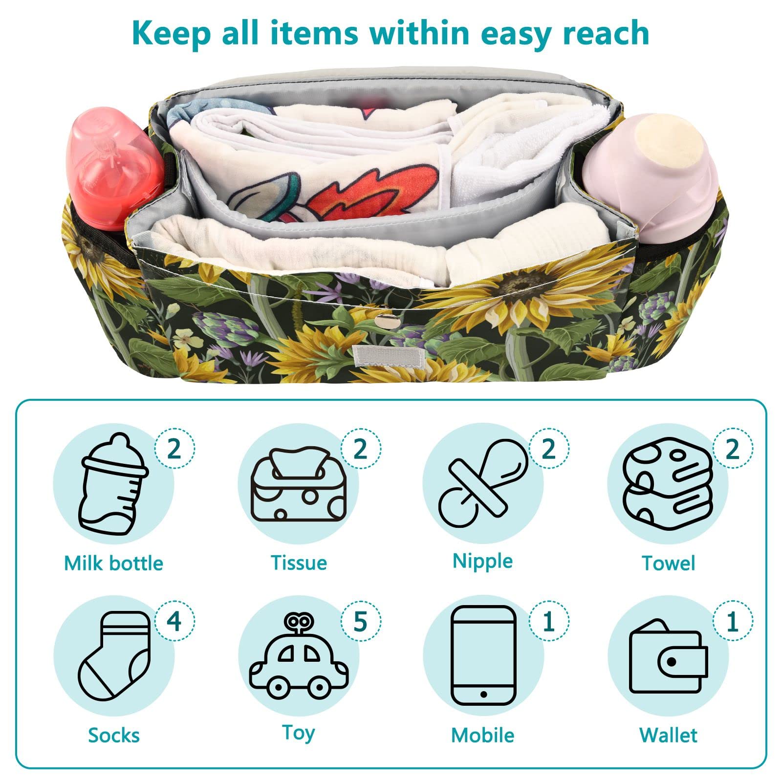 Universal Stroller Organizer with Cup Holder & Detachable Shoulder Strap - Sunflower Artichoke Design Baby Stroller Accessories for Diapers, Phone, Keys & Toys - Fits All Strollers - Perfect for Park Outings, Shopping & Travel