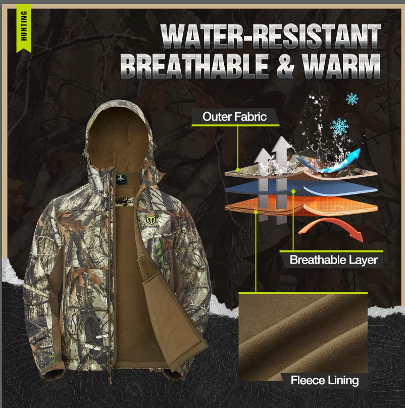 TIDEWE Men's Fleece-Lined Hunting Jacket & Pants Set - Water Resistant, Silent Camo Gear with Safety Strap Compatibility | Ideal for Deer Hunting, Outdoor Adventures & Cold Weather Activities