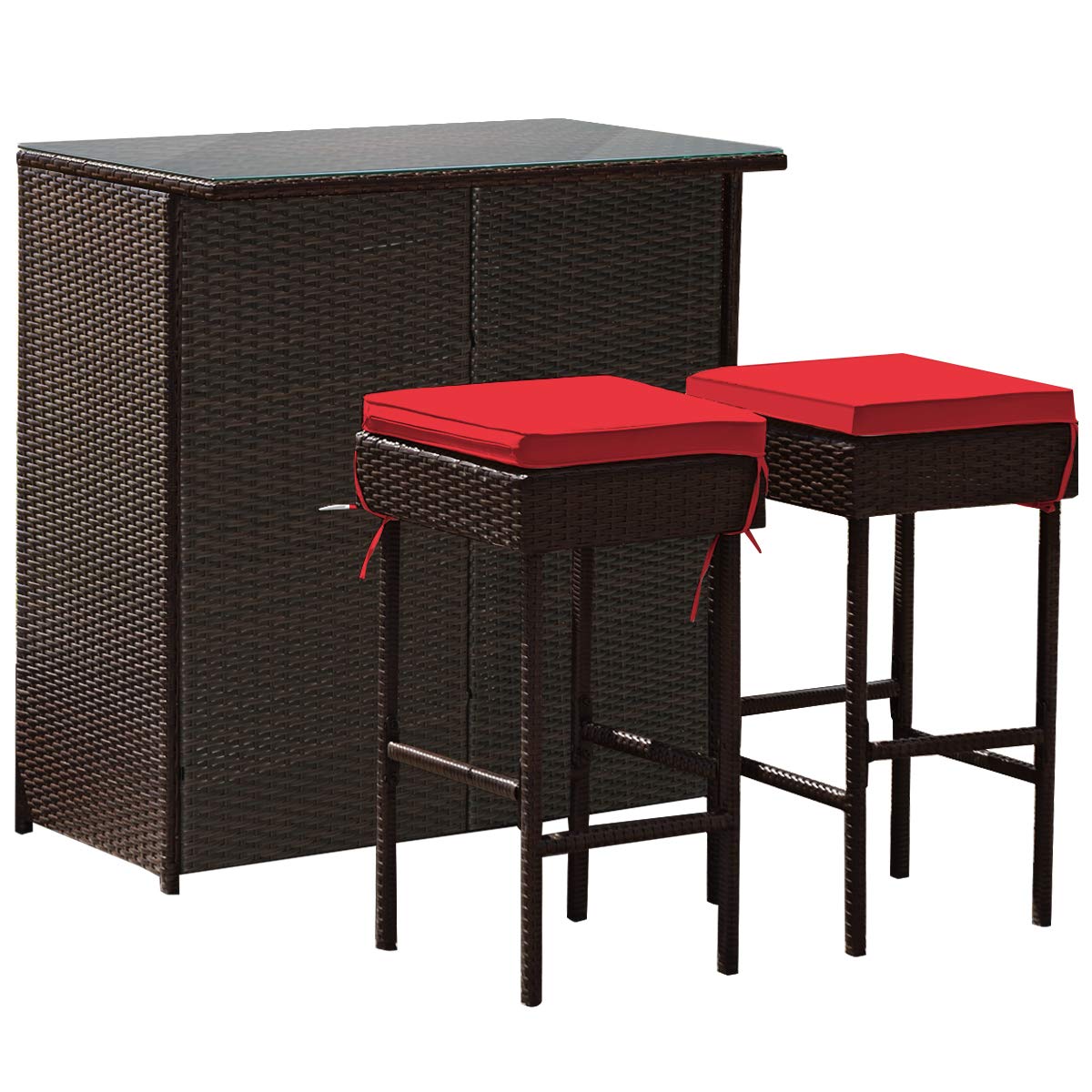 HappyGrill 3-Piece Outdoor Bar Set - Rattan Wicker Bar Stools & Table with Weather-Resistant Cushions & Tempered Glass Top - Perfect for Poolside, Garden, Patio Dining & Entertaining with Convenient Storage Shelves