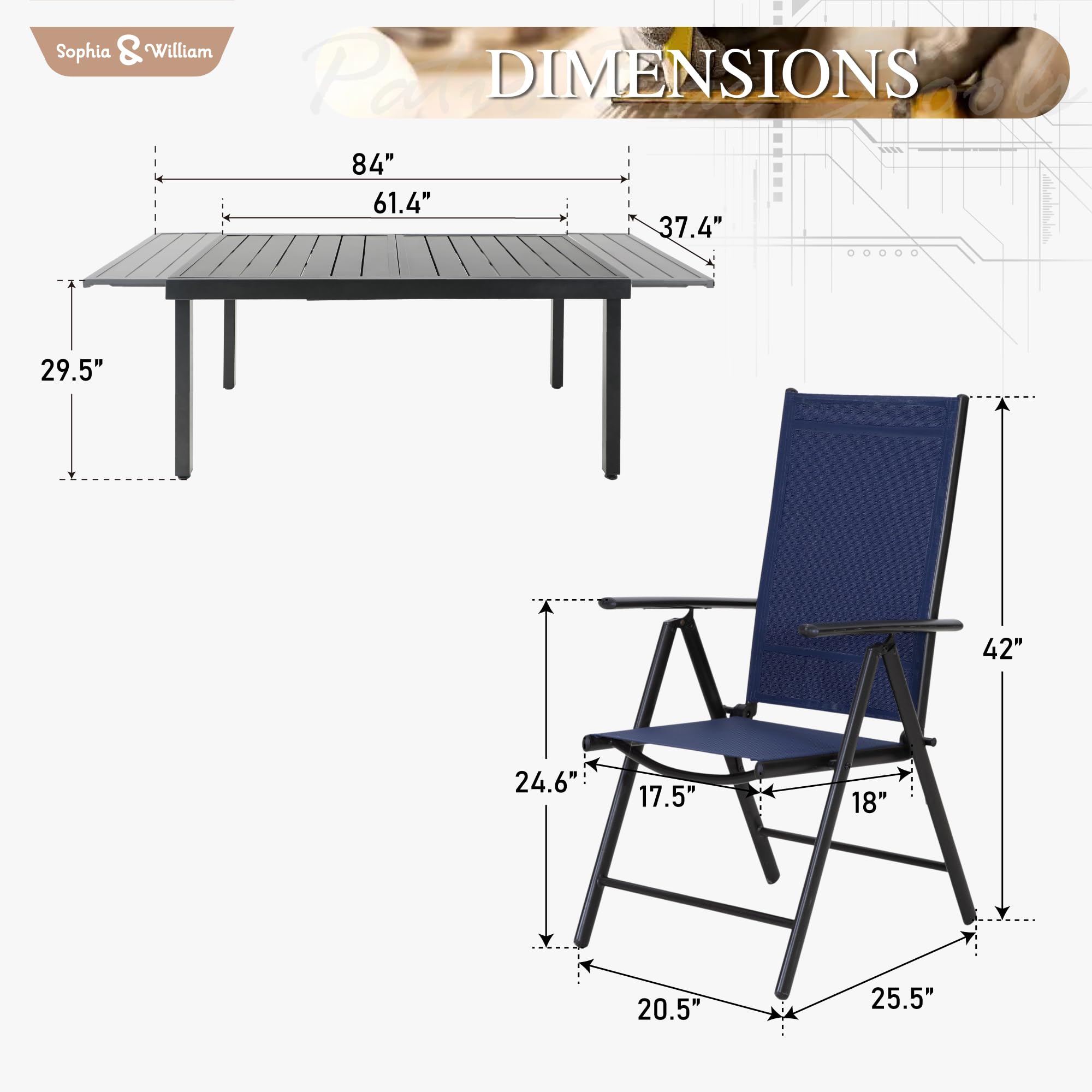 Sophia & William 6-Piece Expandable Outdoor Dining Set - Metal Patio Table & 6 Foldable Textilene Chairs in Blue | Perfect for Backyard BBQs, Garden Parties & Poolside Dining