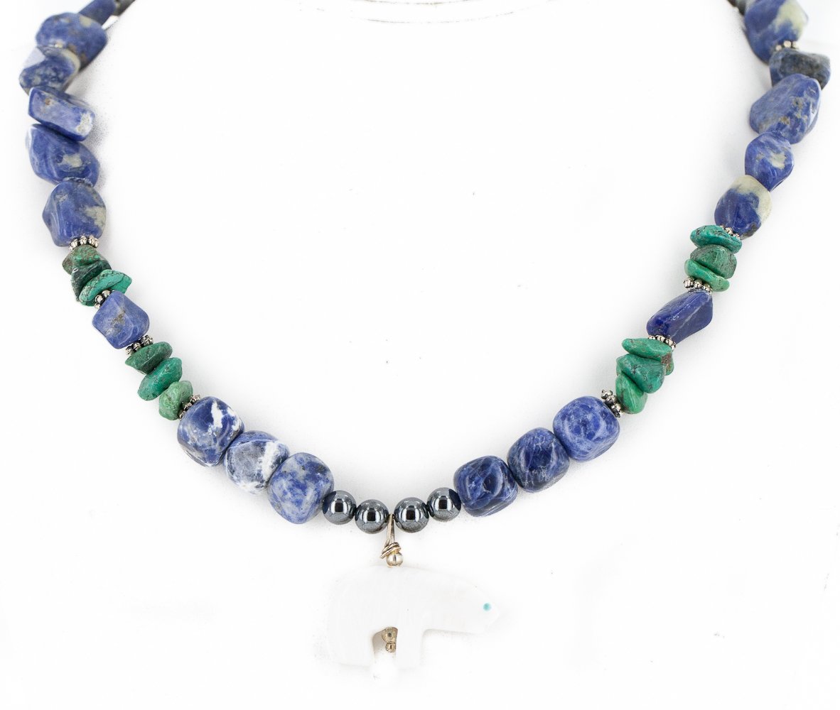 Authentic Navajo Turquoise Lapis Bone Native American Necklace - Handmade by Loma Siiva - Tag Certified Bear Silver Jewelry - Perfect for Powwows, Weddings & Southwest Fashion