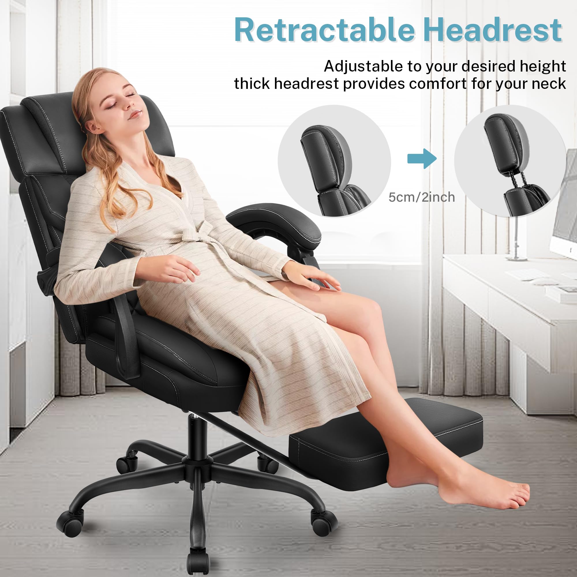 Premium Executive Leather Office Chair - Big & Tall Ergonomic Desk Chair with Adjustable Lumbar Support, Footrest & Reclining Function | Perfect for Home Office, Gaming & Professional Workspaces