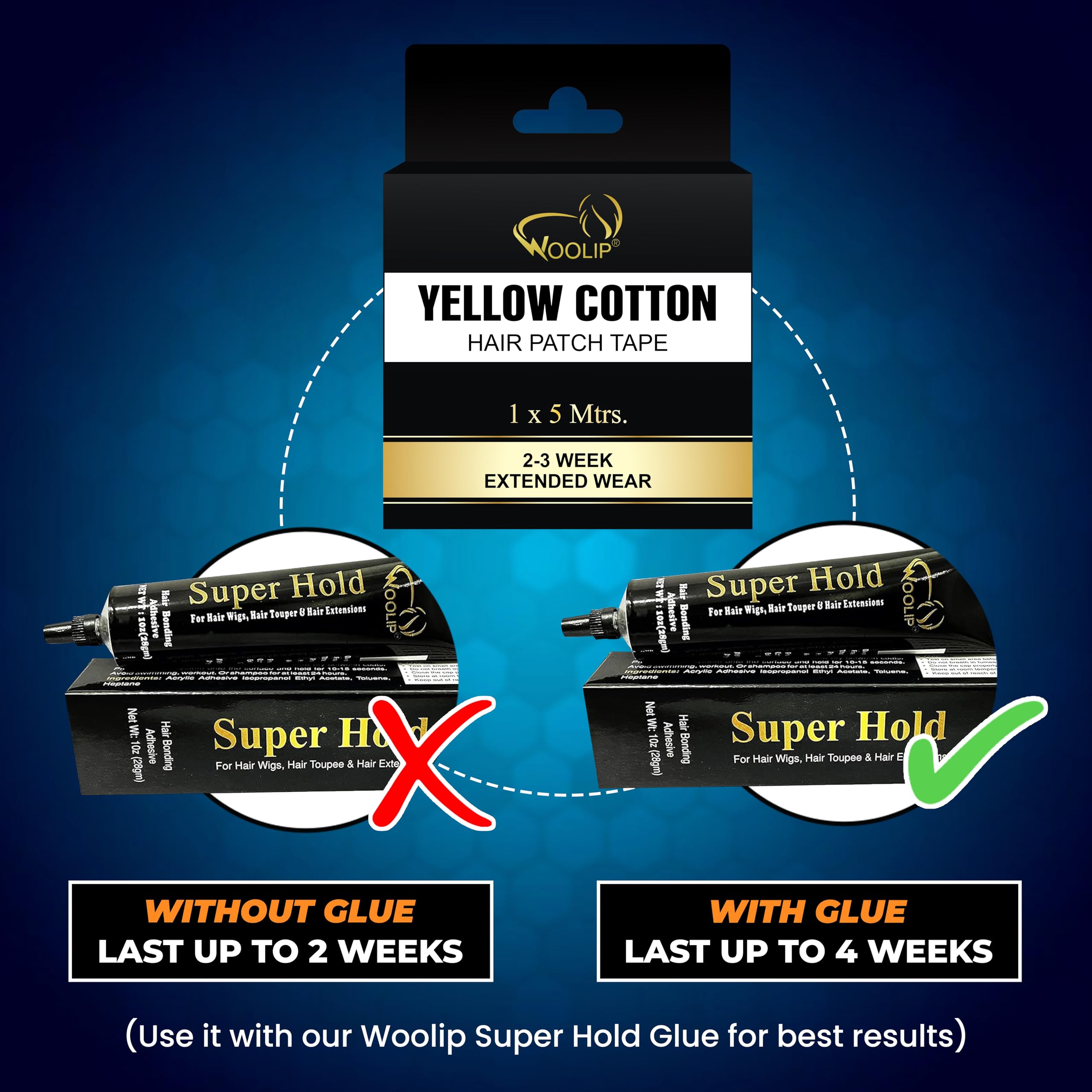 Woolip Hair Patch Tape - Ultra Strong Hold Double Sided Waterproof Hair Extension Tape for Weaves & Wigs (1 Inch Cotton, 5M Length, Pack of 2, Yellow) | Perfect for Salon Professionals & DIY Hair Styling at Home