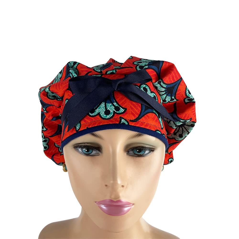 Black History Month Orange Floral Bouffant Medical Scrub Cap with Sweatband - Unisex Surgical Hat for Doctors & Nurses - Ponytail-Friendly Design for Healthcare Professionals - Perfect for Hospitals, Clinics & Medical Offices