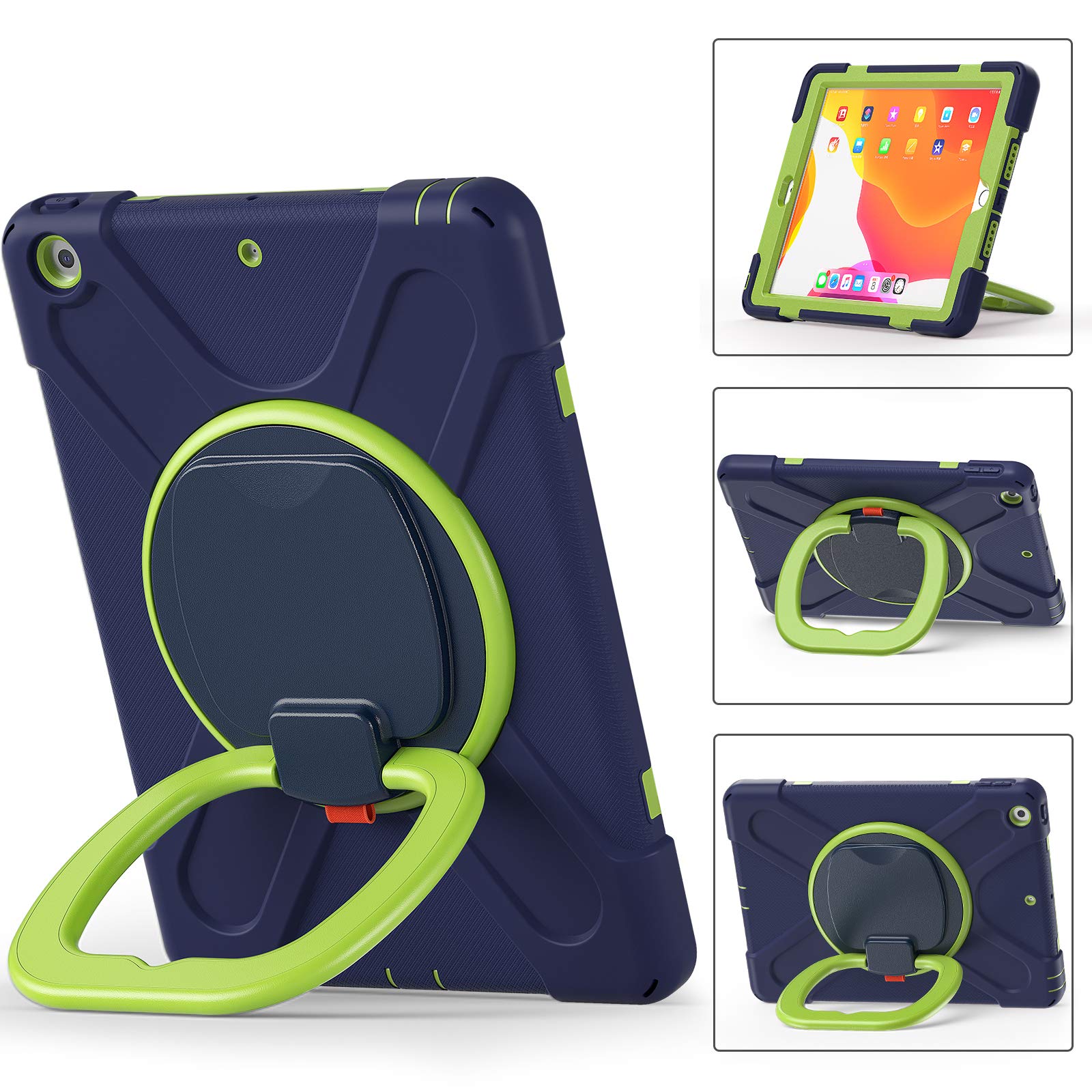 KIQ Ring Shield Heavy Duty Protective Case for iPad 9th/10.2-inch 2021 & 7th/8th Gen 10.2-inch 2019-2020 - with Apple Pencil Holder & Adjustable Shoulder Strap (Dark Blue/Lime Green) - Perfect for Travel, School & Business Use