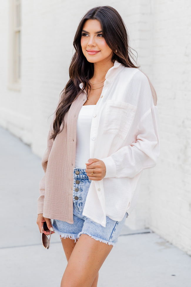 Elegant Ivory & Beige Color Block Gauze Blouse - Breathable Summer Top for Women | Perfect for Beach Outings, Date Nights & Office Wear