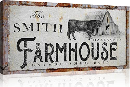 Personalized Rustic Canvas - Cow and Barn with Brown Border