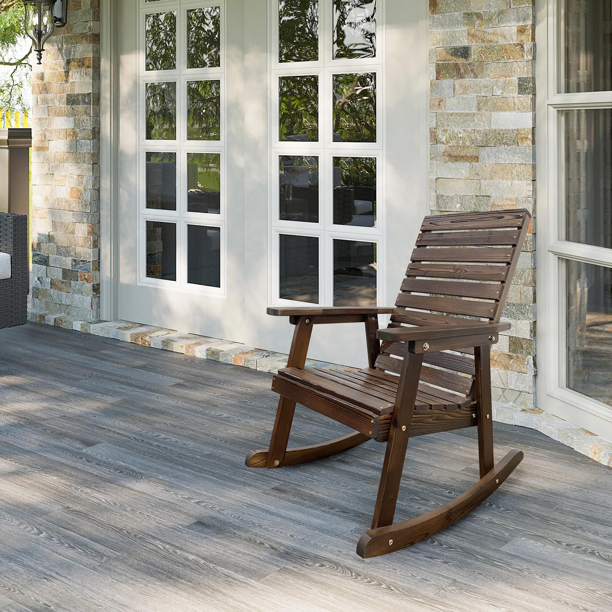 Premium Solid Fir Wood Rocking Chair with High Backrest & Contoured Seat - Heavy Duty 600 lbs Capacity - Dark Chocolate Finish - Perfect for Indoor Living Room, Outdoor Patio, Garden & Porch Relaxation
