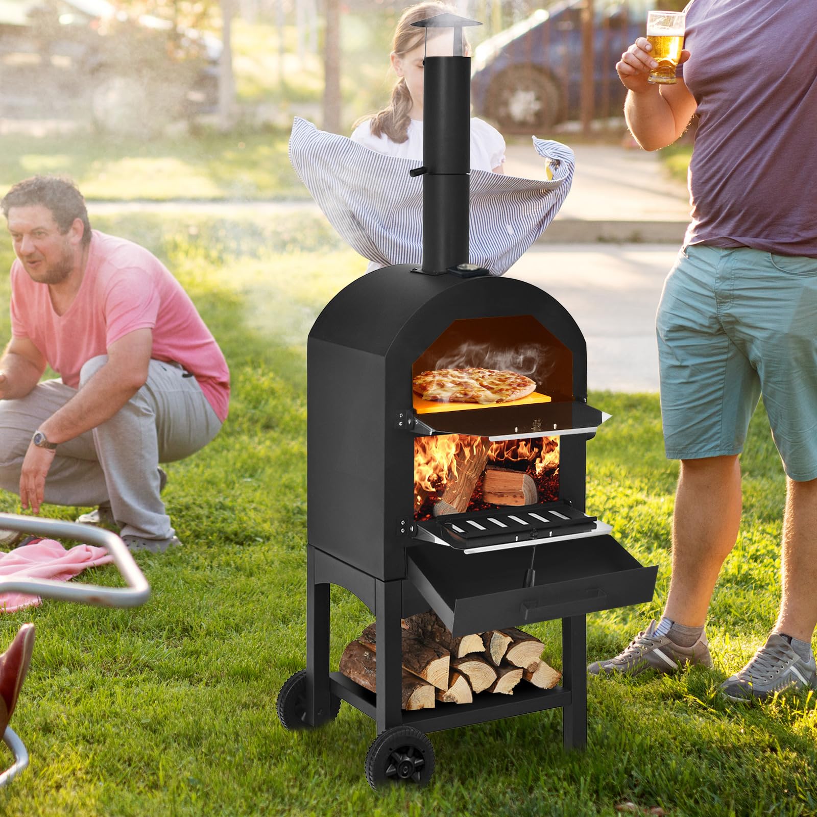 COSTWAY 70813-CYOP Wood Fired Outdoor Pizza Oven with Peel, Stone & Waterproof Cover - Portable Backyard, Patio, Camping Grill for Authentic Italian Pizza & BBQ Cooking