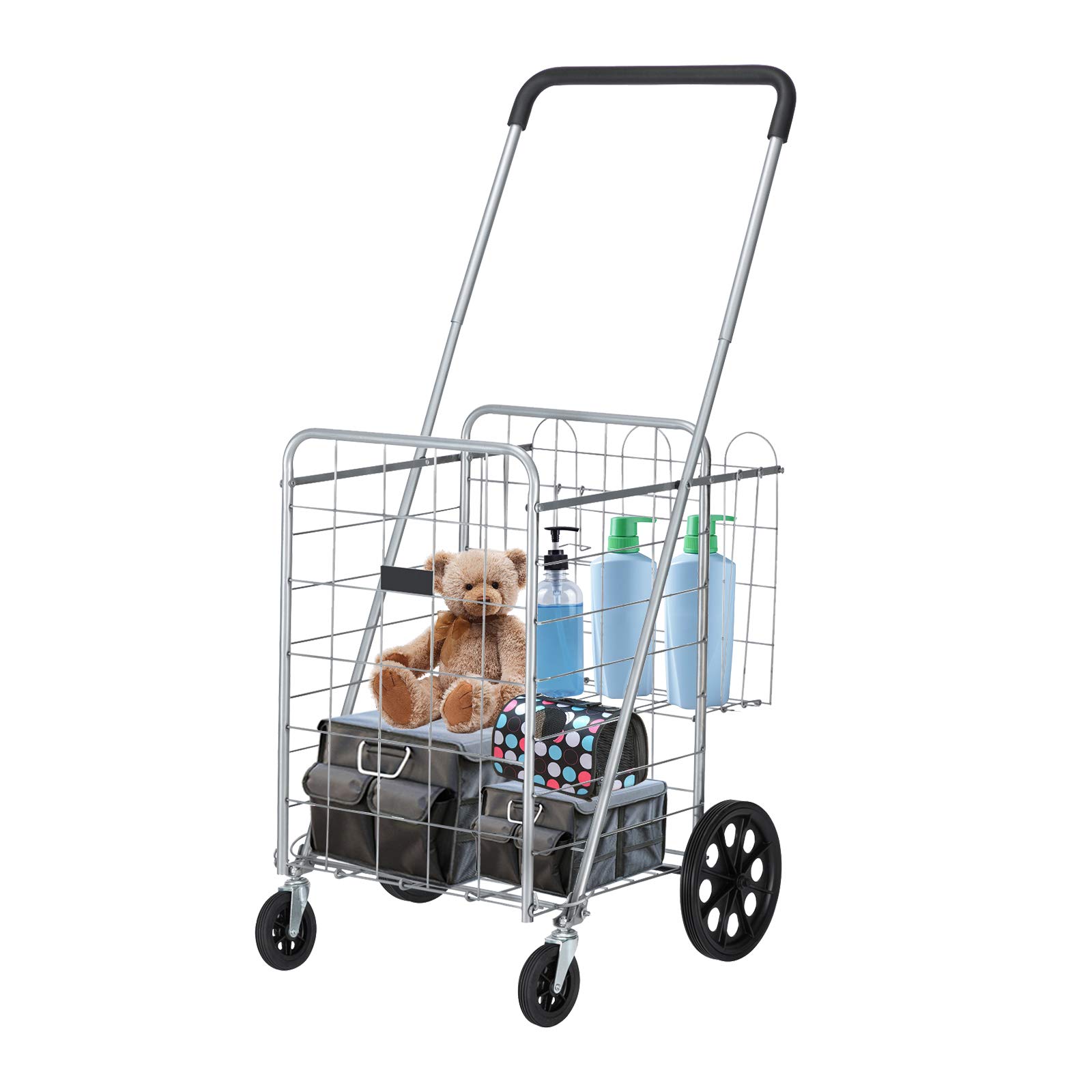 Heavy Duty Folding Shopping Cart with Double Basket & 360° Swivel Wheels - 110 lbs Capacity Utility Cart for Groceries, Laundry, Books & Travel (White) - Perfect for Supermarket Trips, College Dorms & Apartment Living