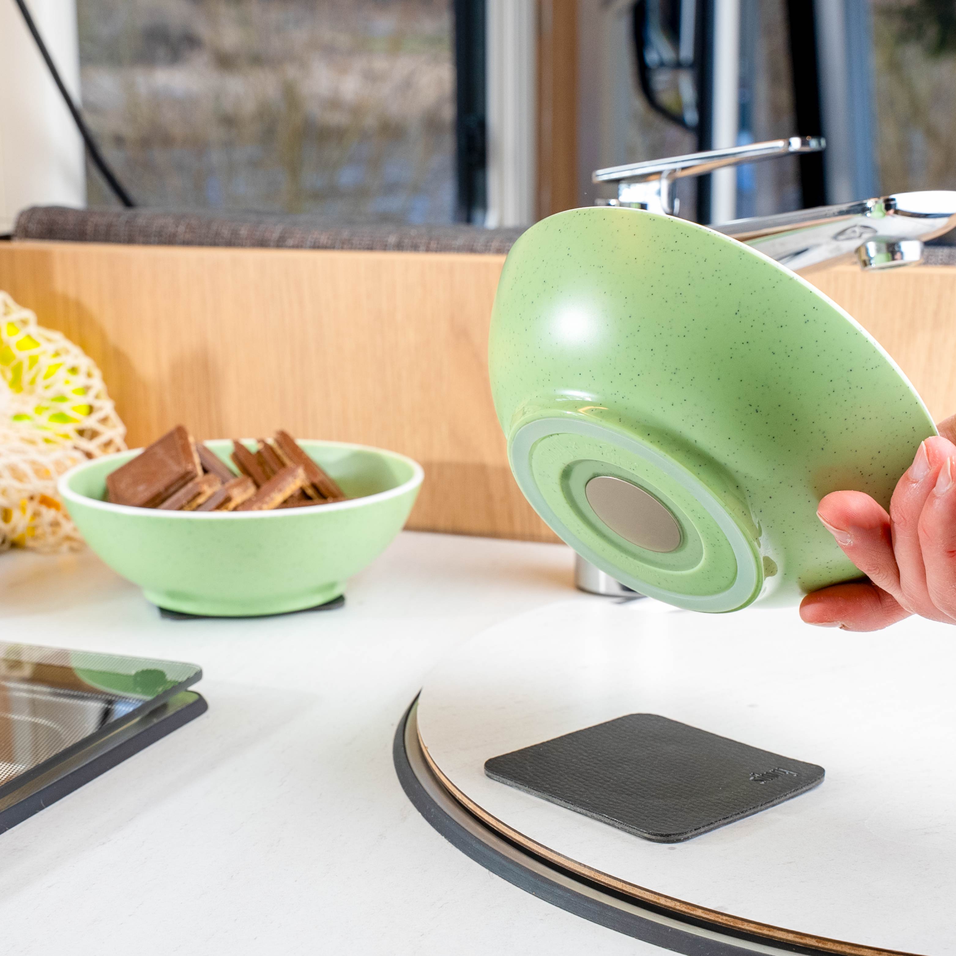 Durable Plastic Dinnerware Set with Magnet Base - Dolomite Green - Perfect for Outdoor Picnics, Camping & RV Travel