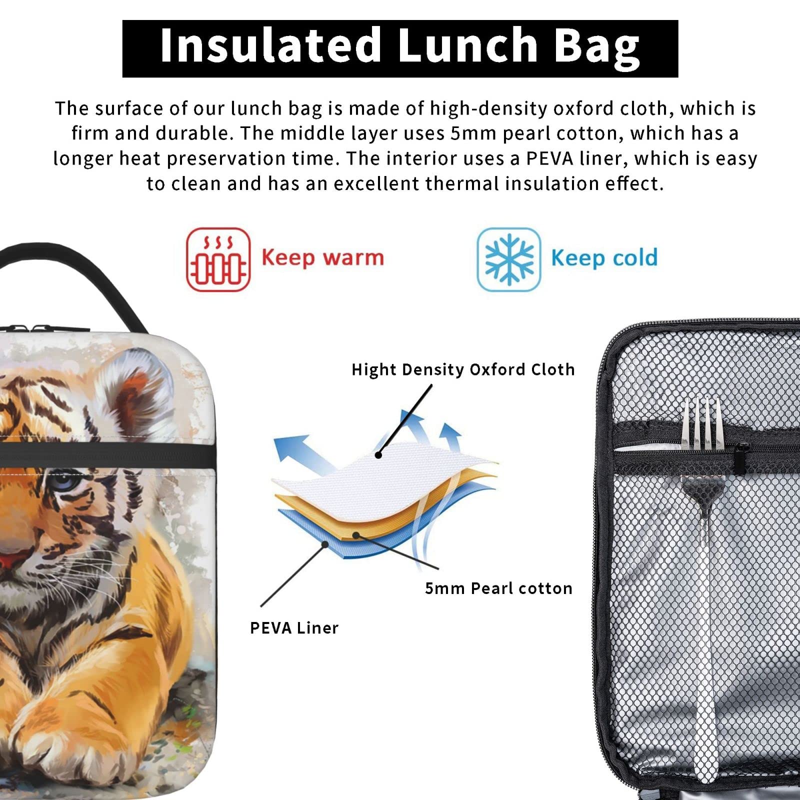 KiuLoam Insulated Lunch Box - Reusable Thermal Meal Bag with Adjustable Shoulder Strap for Women, Men, Kids | Cute Oil Painting Baby Tiger Design | Perfect for School, Office, Picnics & Outdoor Activities