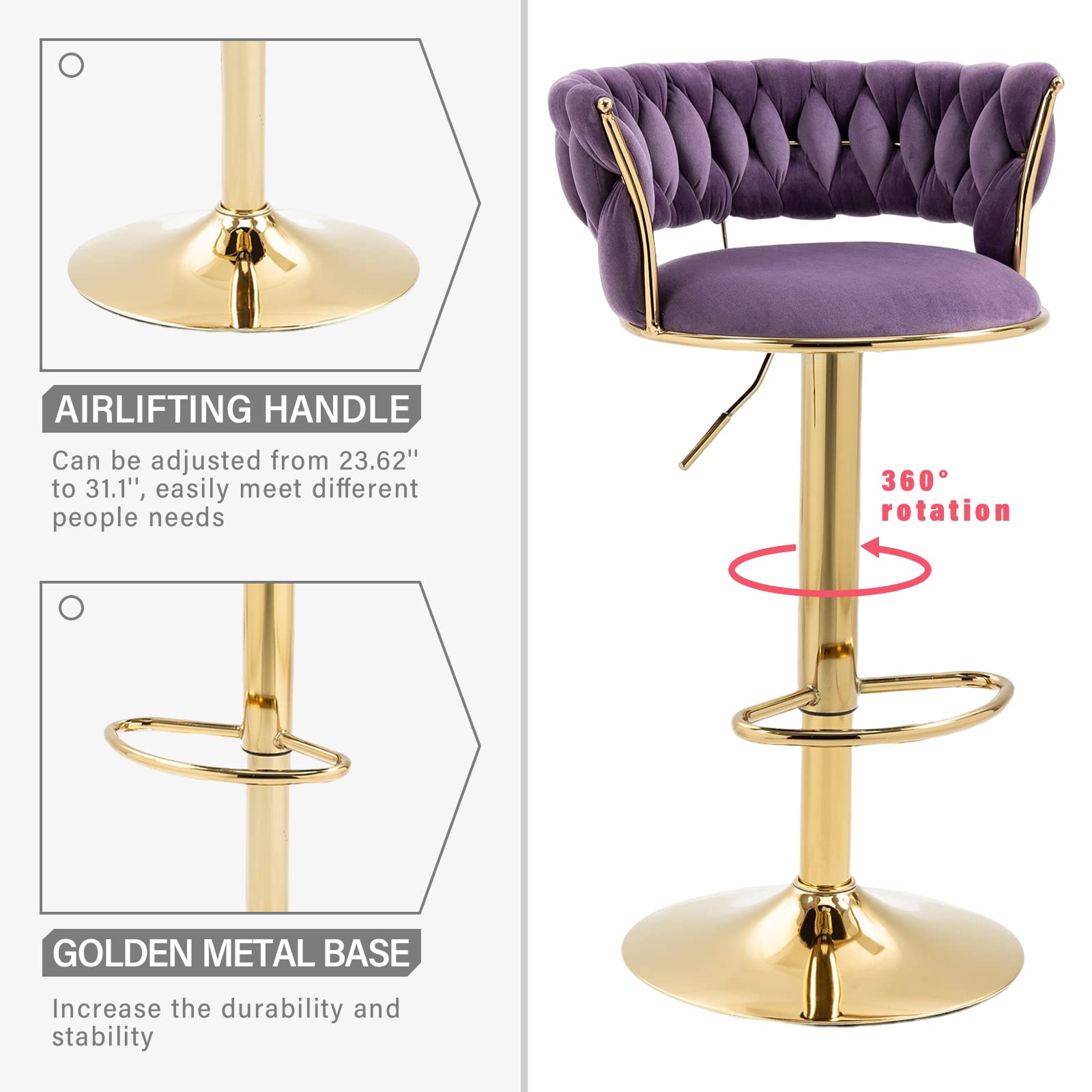 RXR Velvet Bar Stools Set of 2 - Adjustable Height 360° Swivel Stools with Golden Footrest for Kitchen, Pub & Café (Purple) | Perfect for Entertaining, Dining & Small Spaces