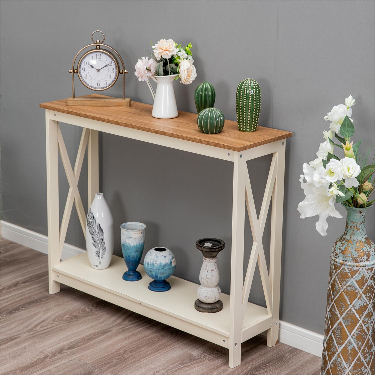 MFSTUDIO 2-Tier Console Table with Storage Shelf - Rustic Sofa Table, End Table, Computer Desk & Coffee Table for Living Room, Hallway, Bedroom - Perfect for Small Spaces & Home Office (Ivory)