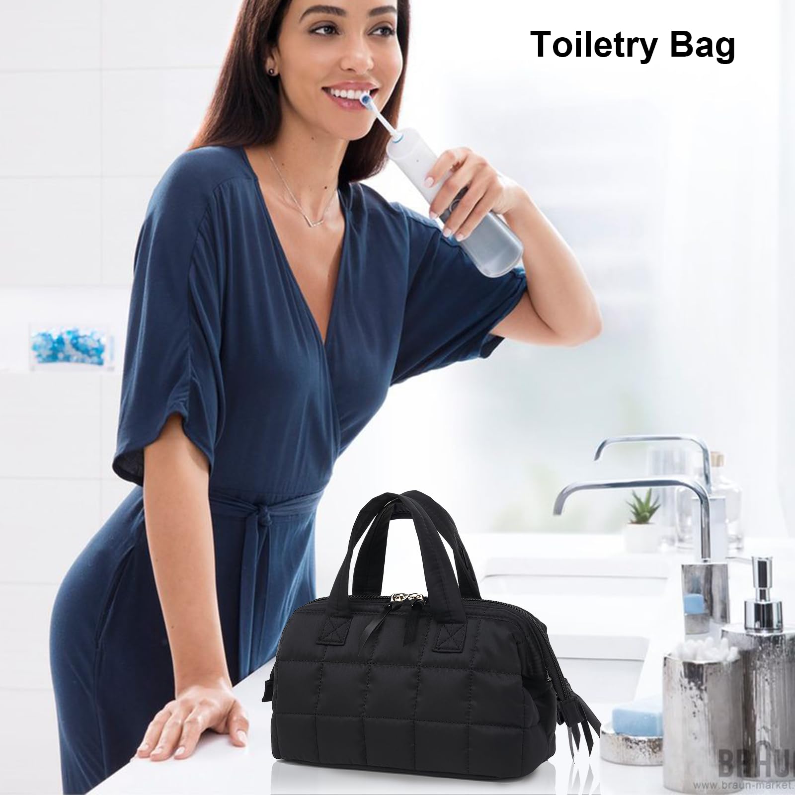 BTOOP Large Makeup Bag for Women - Cute Quilted Cosmetic Organizer with Wide Opening, Travel Toiletry Bag for Essentials (Black) - Perfect for Travel, Gym, and Daily Makeup Storage