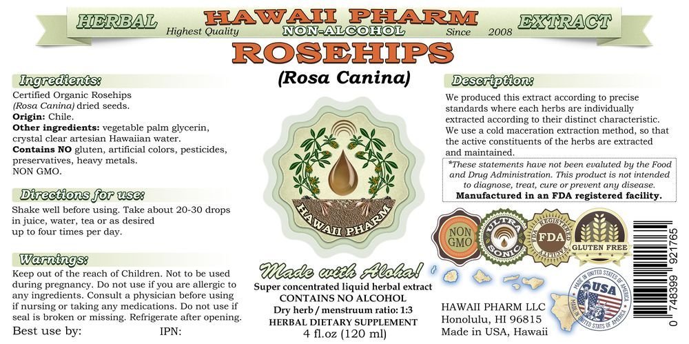 Organic Rosehips (Rosa Canina) Alcohol-Free Liquid Extract - Natural Herbal Glycerite Supplement by Hawaii Pharm, USA - 32 fl.oz for Skin Care, Immune Support & Stress Relief