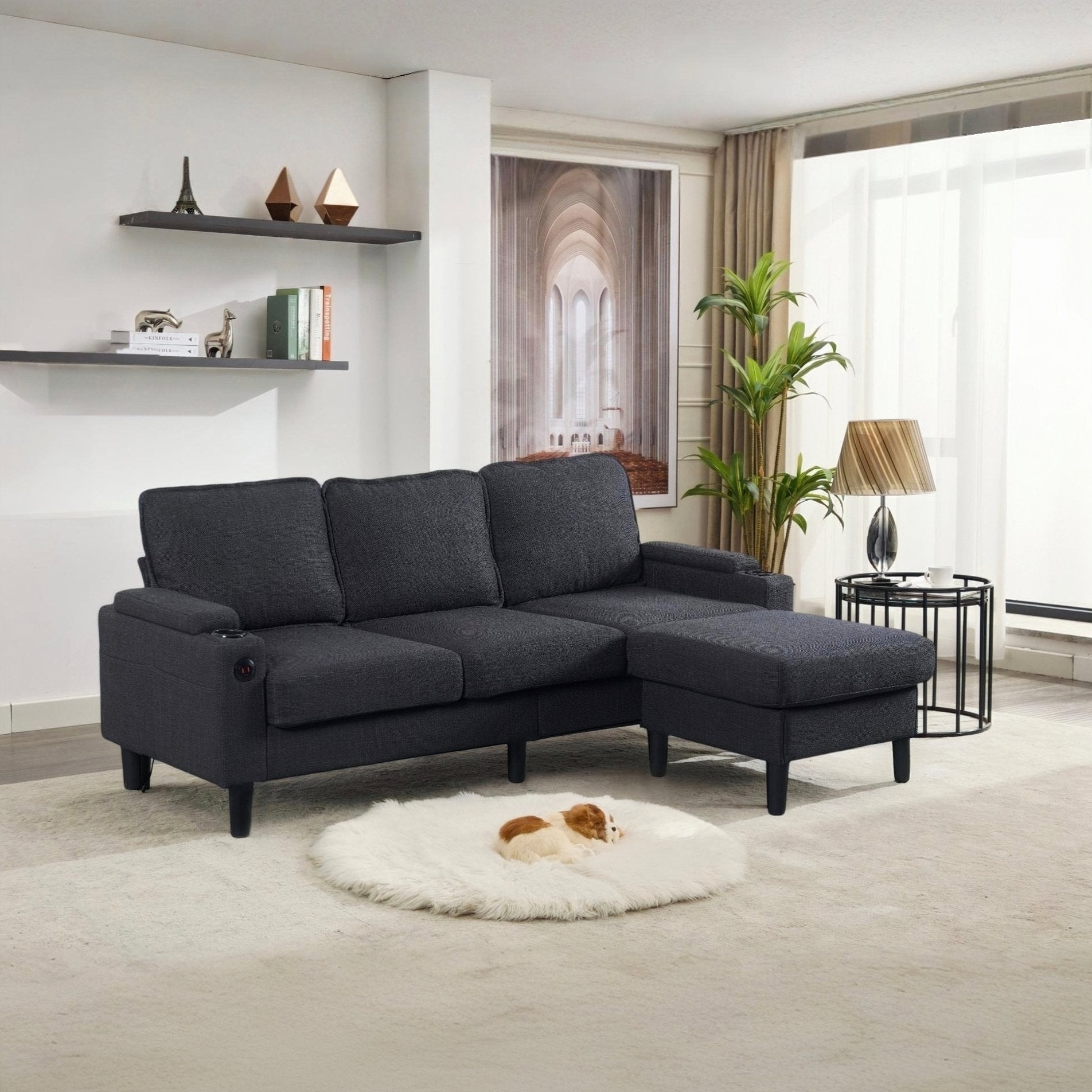 Dark Grey Knock Down 3-Seat L-Shaped Sectional Sofa with Storage Ottoman - Upholstered Couch for Living Room, Apartment, Bedroom & Compact Spaces - Perfect for Small Homes, Studio Apartments and Cozy Lounging