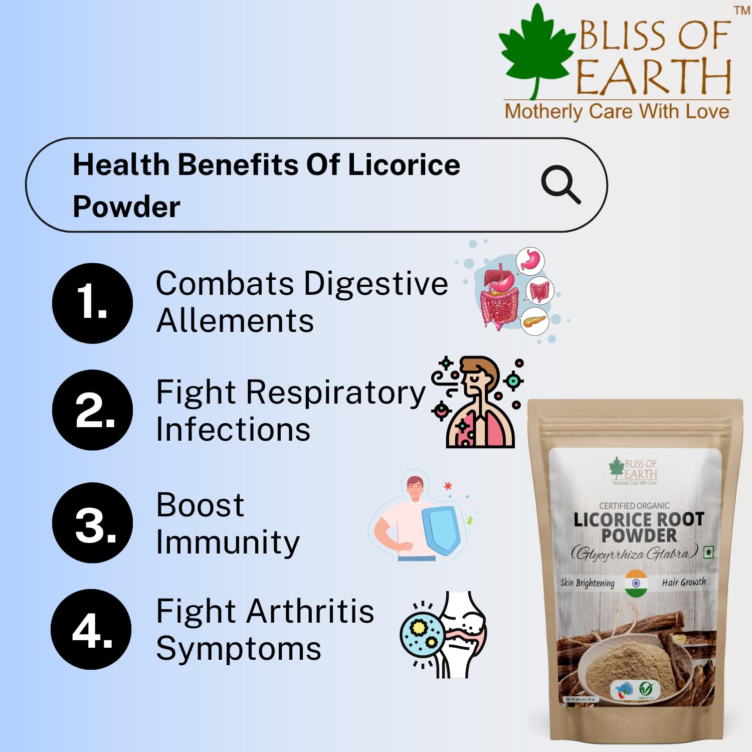 Organic Licorice Root Powder (Mulethi) 453g Pack of 2 | Skin Whitening, Hair & Face Care | USDA Certified for Eating & Beauty | Perfect for DIY Masks, Tea & Holistic Wellness