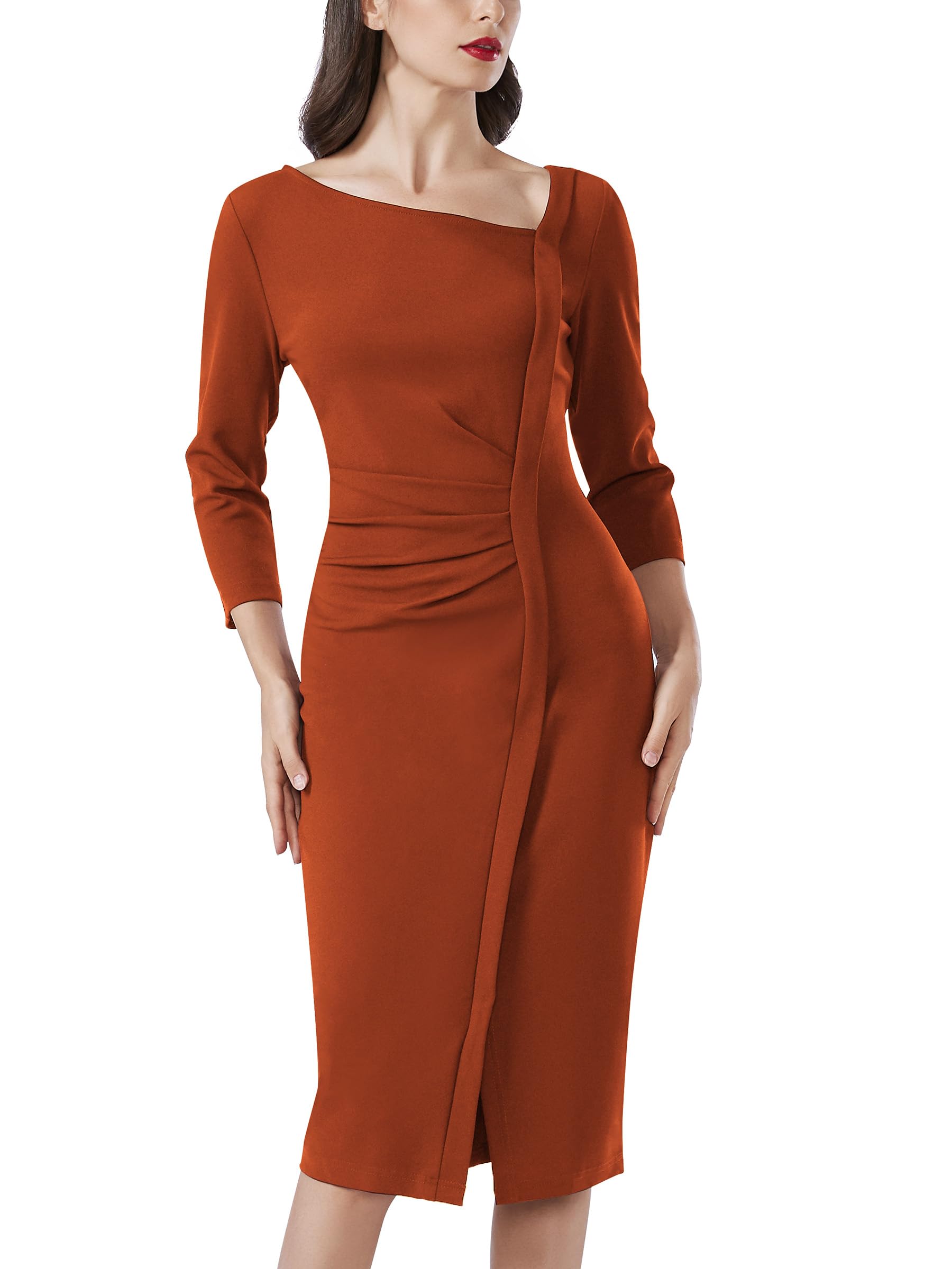 AISIZE Women's Retro V-Neck Stretch Wrap Bodycon Dress - Elegant Business Office Attire & Cocktail Party Outfit