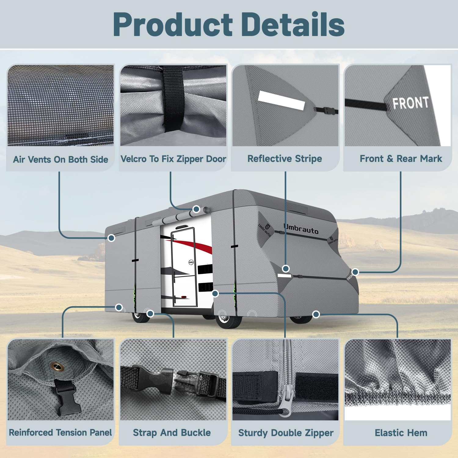 **Umbrauto RV Cover for Class C Motorhomes 23'-26' - 7-Layer Anti-UV, Windproof, Waterproof Camper Cover with 3 Extra Straps, Repair Patches & 6 Gutter Covers - Perfect for Outdoor Storage & Travel Protection**